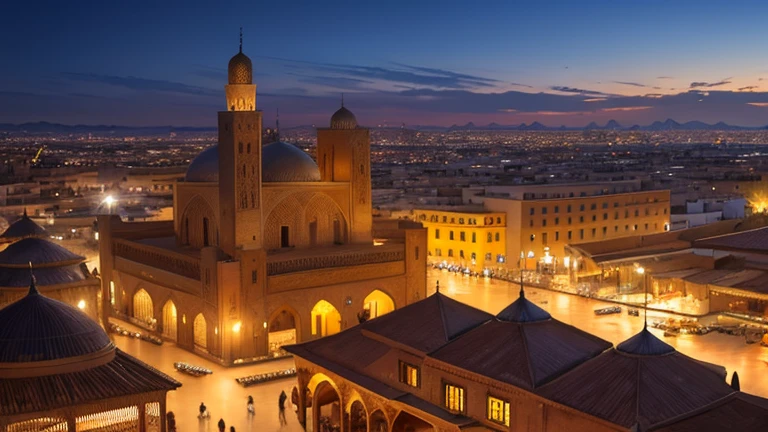 4k resolution picture, ultra realistic picture, Marrakech city, a huge mosque with dome on top, night time, entire market area in top views, shops everywhere, Moroccan architectures, top views