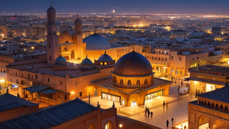 4k resolution picture, ultra realistic picture, Marrakech city, a huge mosque with dome on top, night time, entire market area in top views, shops everywhere, Moroccan architectures, top views