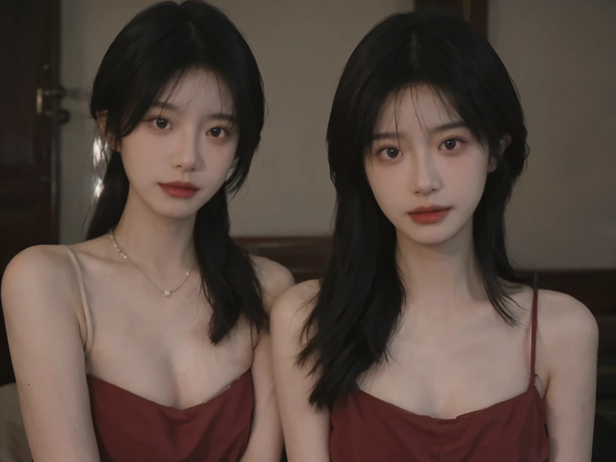 Film portrait photography, 2 girls, Bare shoulders,Lipstick,(flat chest:1.4), Wear a necklace,Cute expression,Exquisite makeup,Red suspenders,serene, calm, (Realistic and detailed eyes, Natural skin texture, Realistic facial details), Big breasts:1.6,Big Breasts,Soft dramatic lighting, Depth of Field, Bokeh, Vibrant details, Detailed and detailed, Surreal, 35mm film, hazy, ,