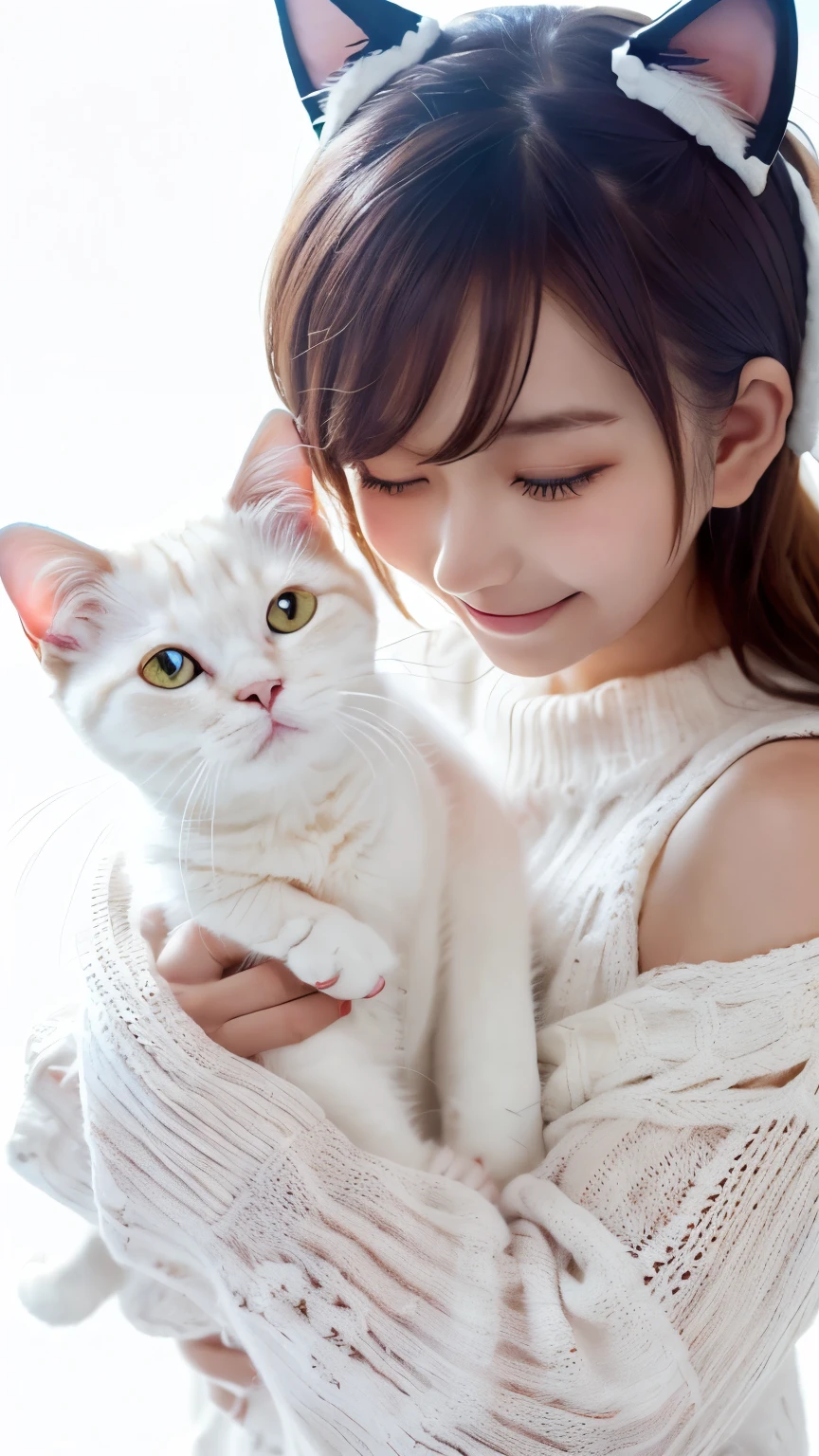 masterpiece, 4k, Bokeh, (Kawaii:1.5), (Beautiful girl:1.3), (Japanese idle:1.6), (Cat ear:1.3), (soft hair:1.3) , (white knit onepiece:1.6), Blushed face, looking at the viewer, cowboy shot, (Holding pretty white cat :1.4), (Close eyes:1.3), (white background :1.4),