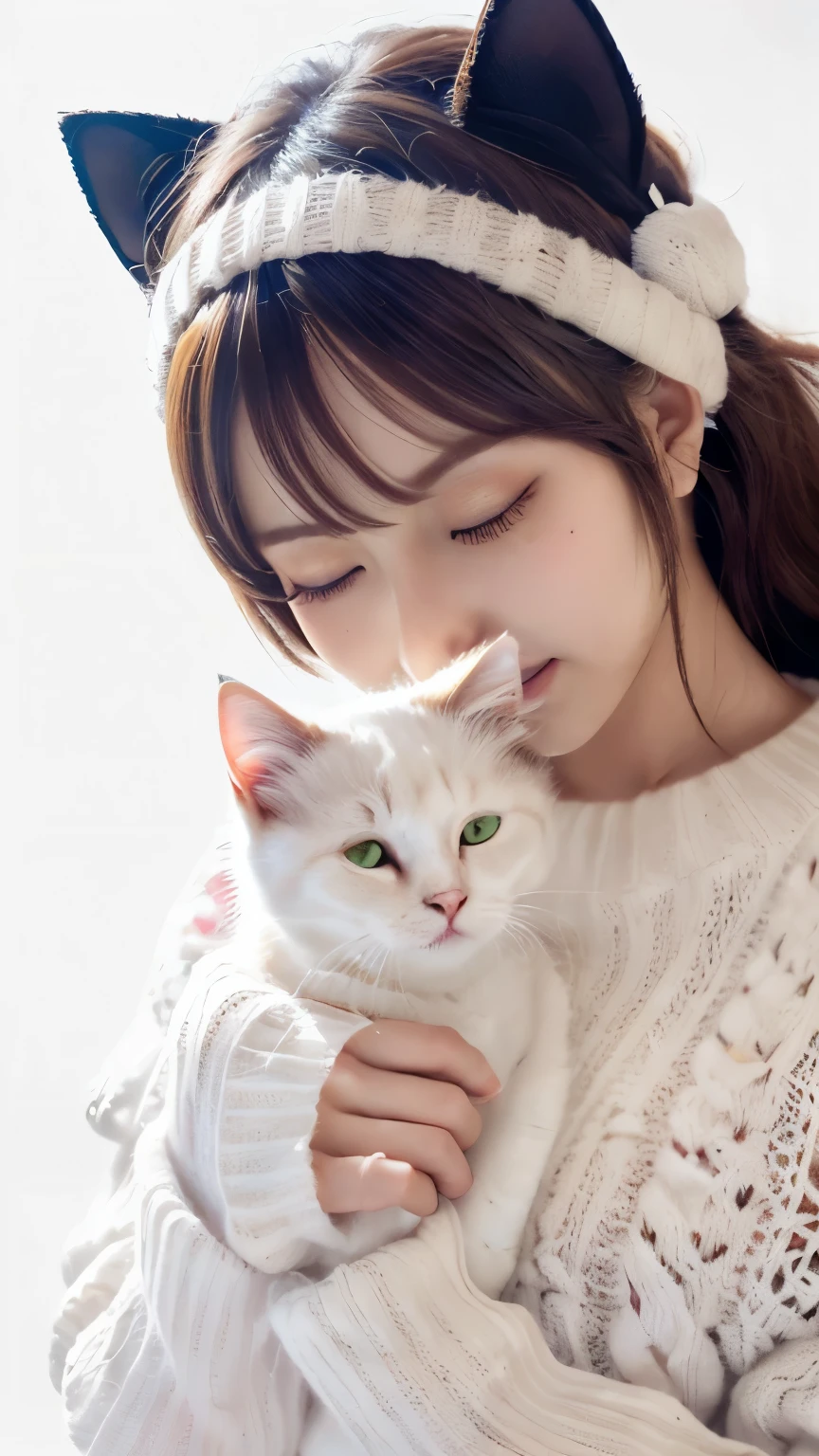 masterpiece, 4k, Bokeh, (Kawaii:1.5), (Beautiful girl:1.3), (Japanese idle:1.6), (Cat ear:1.3), (soft hair:1.3) , (white knit onepiece:1.6),  Blushed face, looking at the viewer, cowboy shot, (Holding pretty white cat :1.4), (Close eyes:1.3), (white background :1.4), 