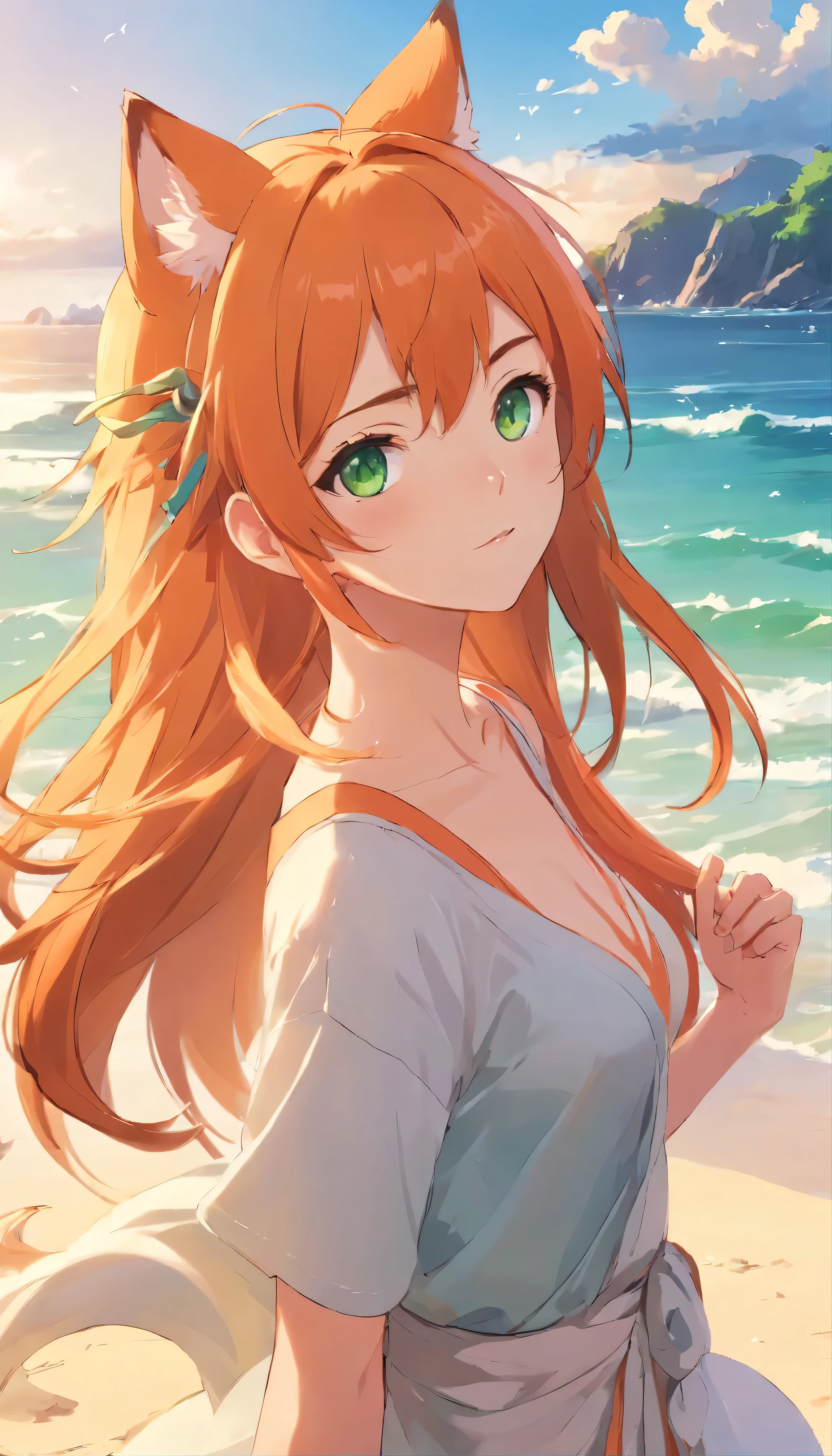 anime girl with long orange hair standing on beach near ocean, green eyes detailed digital anime art, fox ears, fox tail, anime girl with long hair, smooth anime cg art, anime girl with long hair, digital anime art, artwork in the style of guweiz, beautiful anime portrait, photorealistic anime girl render, beautiful anime girl, advanced digital anime art, guweiz on artstation pixiv upscale HD UHD HQ
