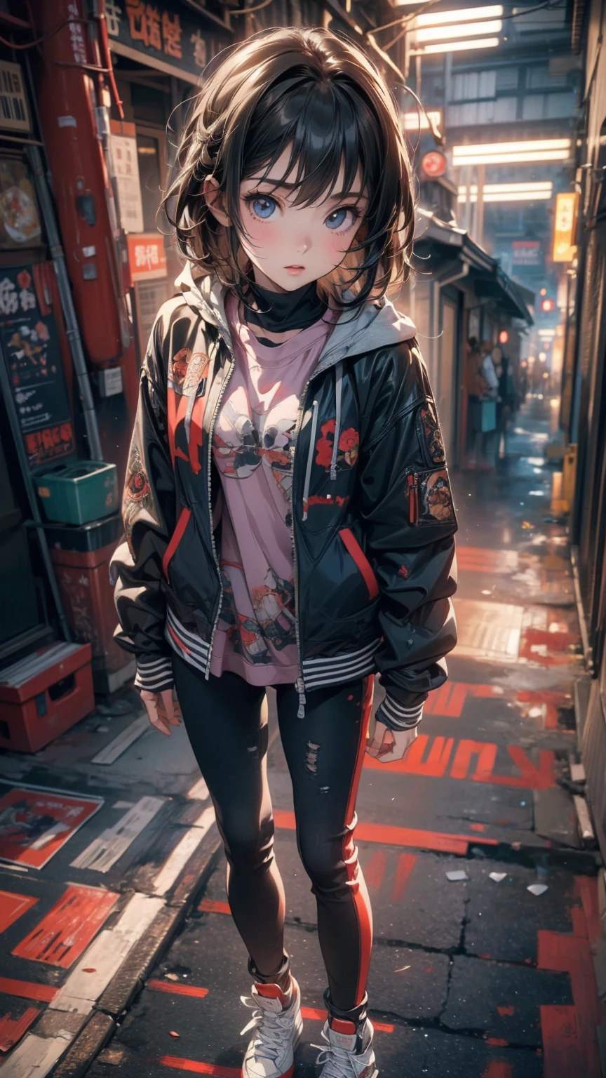 ((Highly detailed CG unit 8K wallpaper, masterpiece, High resolution, highest quality)), 20 year old woman with dark hair, Hands in pockets pose:1.5, Grunge Fashion:1.2, wear a blouson:1.2, Skinny jeans, Wearing sneakers, Blurred Background, A colorful, deserted alley, Cinema Lighting, (High angle, Fisheye Shot), Anime Style, Simple lines, Digital Painting,