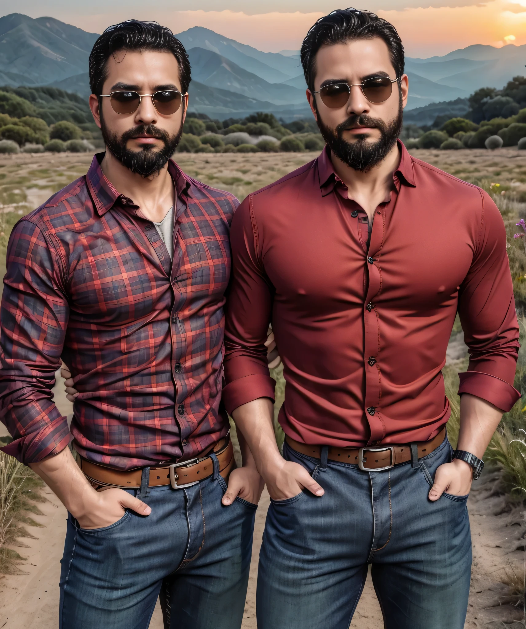 Obra maestra, desenfoque de campo, Parte superior del cuerpo, Hands in pants pockets , Two 18 year old men with beards and square sunglasses... Men dressed in a plaid shirt at an action movie in Japan with a sunset in the background.