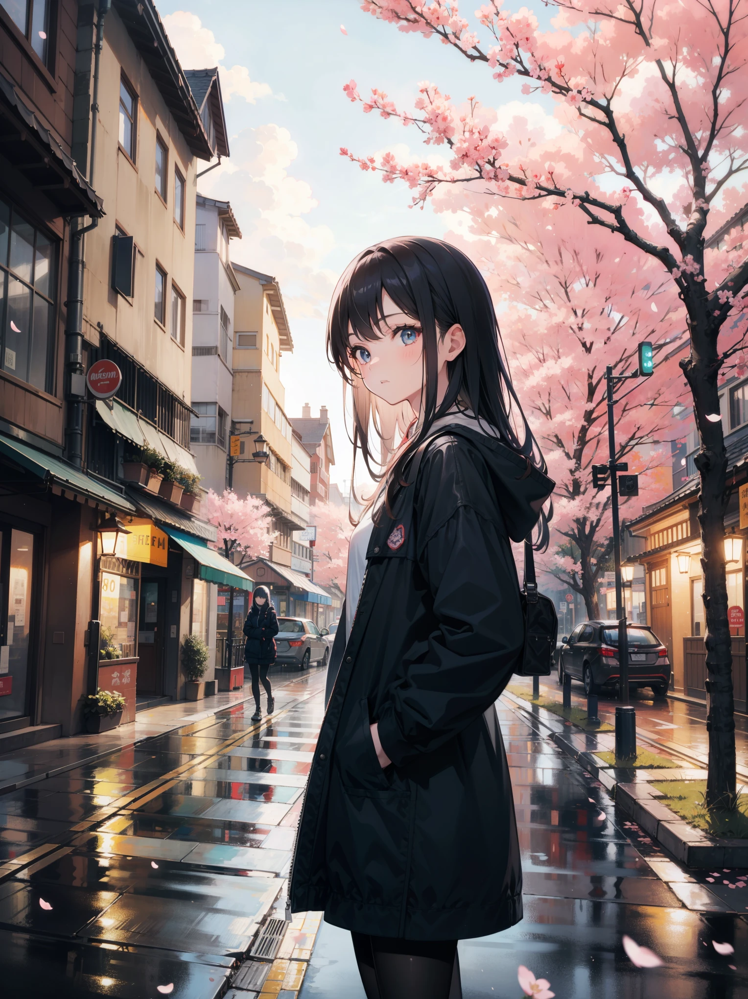 A girl,Long hair,Beautiful and delicate eyes,fluttering eyelashes,Hands in pockets,Solitary,on the street,There are cherry blossoms on the side of the road,Light rain in the sky,partly cloudy,Bright street view,The colors in the painting are bright and vibrant, Perfectly balanced tones,Ultra HD,Best quality,The award-winning,8K