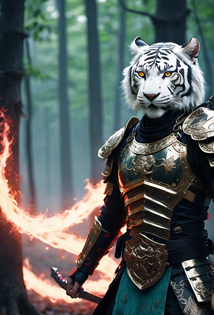 Realistic portrait 8k,of many elements In the middle of the picture is a female assassin dressed in black and gold armor, standing with a sword. ,Big white tiger, pair of flying red fire dragon demons. Group of ninja assassins in the middle of the forest,Thick fog,sky color sky green blue,sparks,sky color smoke,was bombarded Around him there was a light armor that looked like glowing neon.,Full body ,hight detail,light chiaroscuro,hight speed action drama,stream line follow,brush stroke faces,lines laser white เขียว,sky,red,purple,glows,
 The mist has the neon glow of gems, twinkling, glistening, sparkling. ,blackdrop, backdrop, light, shadows, depth.


