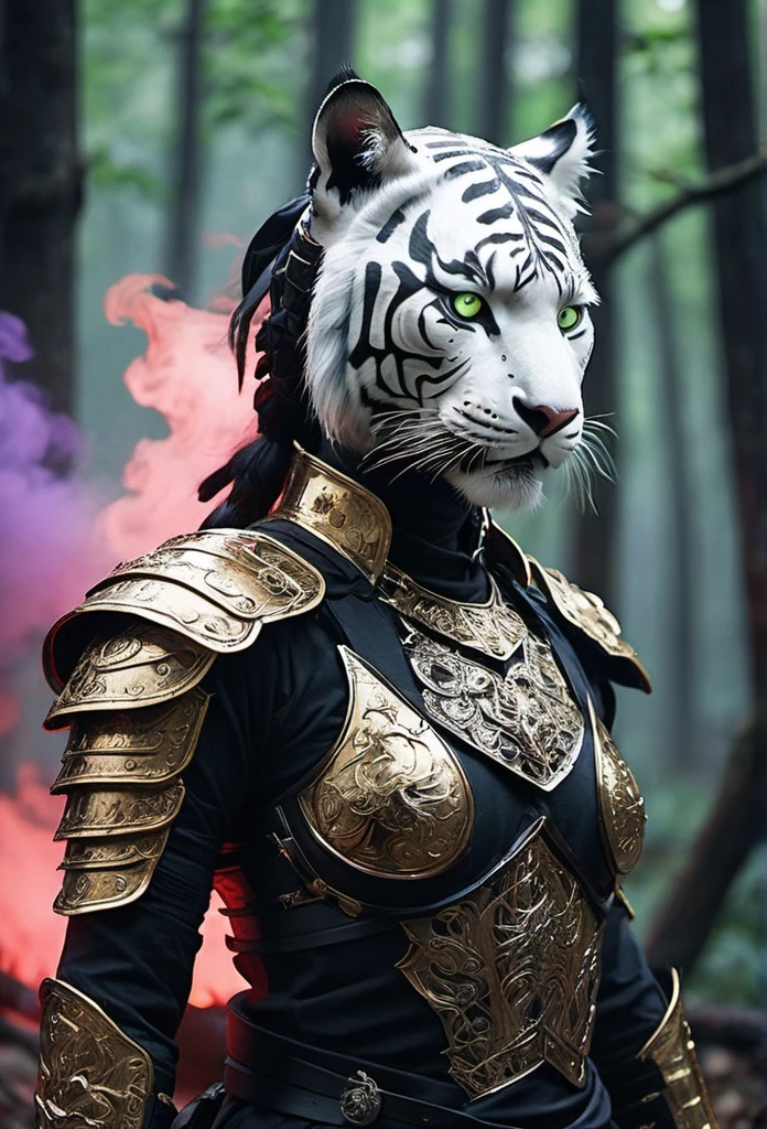 Realistic portrait 8k,of many elements In the middle of the picture is a female assassin dressed in black and gold armor, standing with a sword. ,Big white tiger, pair of flying red fire dragon demons. Group of ninja assassins in the middle of the forest,Thick fog,sky color sky green blue,sparks,sky color smoke,was bombarded Around him there was a light armor that looked like glowing neon.,Full body ,hight detail,light chiaroscuro,hight speed action drama,stream line follow,brush stroke faces,lines laser white เขียว,sky,red,purple,glows,
 The mist has the neon glow of gems, twinkling, glistening, sparkling. ,blackdrop, backdrop, light, shadows, depth.


