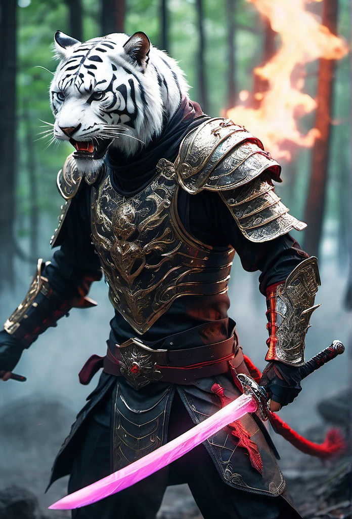 Realistic portrait 8k,of many elements In the middle of the picture is a female assassin dressed in black and gold armor, standing with a sword. ,Big white tiger, pair of flying red fire dragon demons. Group of ninja assassins in the middle of the forest,Thick fog,sky color sky green blue,sparks,sky color smoke,was bombarded Around him there was a light armor that looked like glowing neon.,Full body ,hight detail,light chiaroscuro,hight speed action drama,stream line follow,brush stroke faces,lines laser white เขียว,sky,red,purple,glows,
The mist has the neon glow of gems, twinkling, glistening, sparkling. ,blackdrop, backdrop, light, shadows, depth.