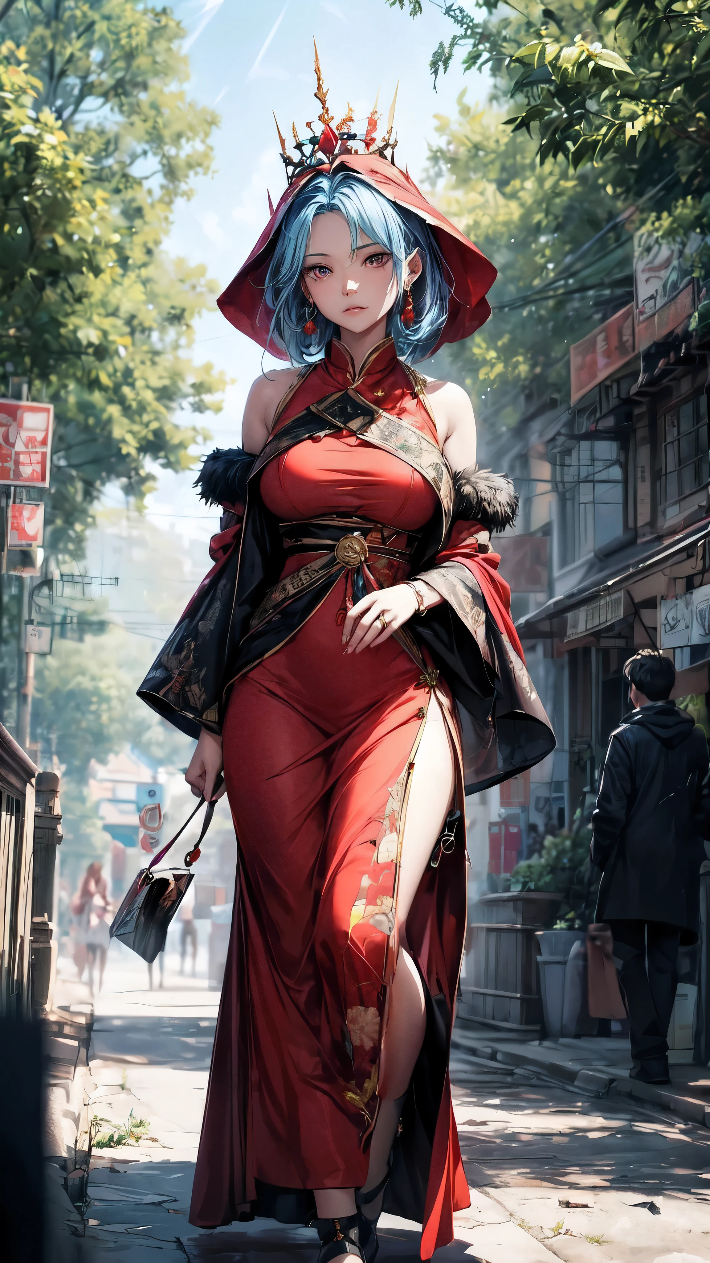 A woman and man, wearing a red dress and a crown respectively, are walking on the street. The artwork is in the style of Guweiz, created by Yang Jie and popular on CGStation. The art style is a cyberpunk geisha, with beautiful and captivating anime women. The painting has a stylish artistic feel, reminiscent of Ross Tran's work exhibited on ArtStation and Pixiv. The colors are vibrant and the lighting creates a dramatic atmosphere. The image is of the best quality, with a resolution of 4k or 8k, and is ultra-detailed and realistic. The medium used for the artwork can be illustrations, oil painting, 3D rendering, or photography.(