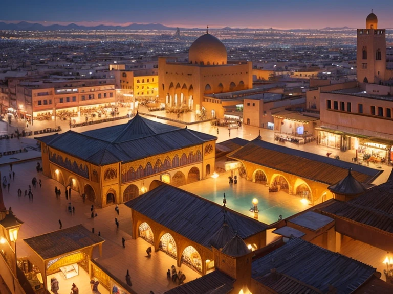 4k resolution picture, ultra realistic picture, Marrakech city, a huge mosque with dome on top, night time, entire market area in top views, shops everywhere, Moroccan architectures, top views