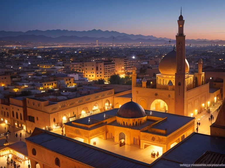 4k resolution picture, ultra realistic picture, Marrakech city, a huge mosque with dome on top, night time, entire market area in top views, shops everywhere, Moroccan architectures, top views