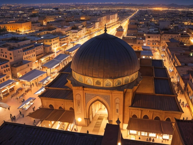 4k resolution picture, ultra realistic picture, Marrakech city, a huge mosque with dome on top, night time, entire market area in top views, shops everywhere, Moroccan architectures, top views