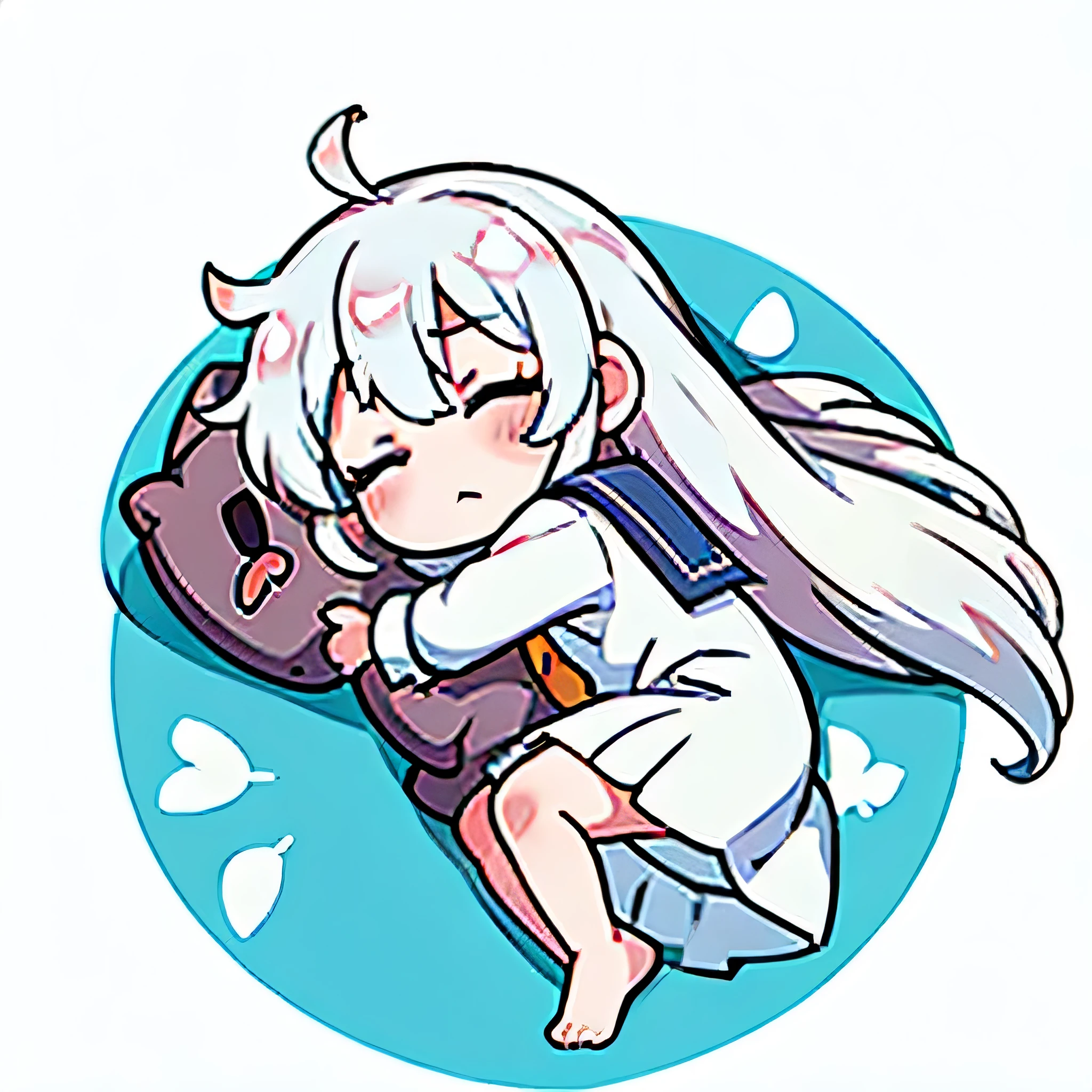 chibi, barefoot, kawaii, sleeping, closed eyes, own hugging feet, 1 girl, full body, transparent background, white hair, long hair, lying, school, white shirt dress, hugging a stuffed toy, from above