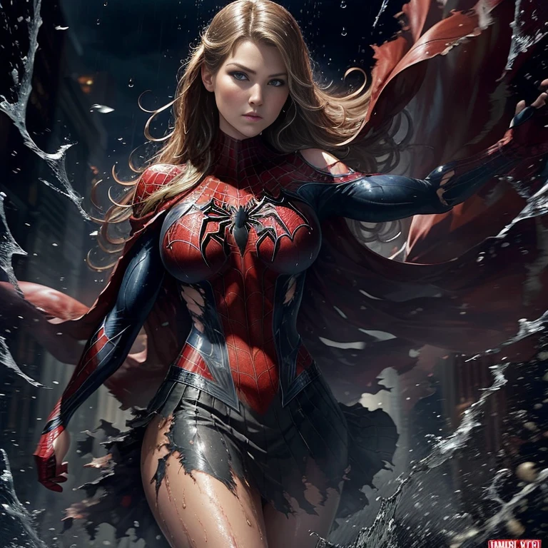 Ali Larter、マーベル・コミック映画のPoster, Very beautiful, Movies about Spiderman, sexy, whole body, I'm wearing a skirt、Premiere date, Poster、belly buttonを突き出す、new york、She's wearing a torn Spider-Man suit,The suit is torn、Wearing a skirt、 Red and black color scheme,dynamic、masterpiece、highest quality、Ultra-detailed、Very detailed、A delicate and beautiful shine、超A high resolution、Cinematic,Break,Breakdrop,(Torn clothes:1.5), (Wet clothes:1.4), Bare shoulders,Real Rain,Wet Hair,belly button、Exposing Skin、sexyな肩を見せてる