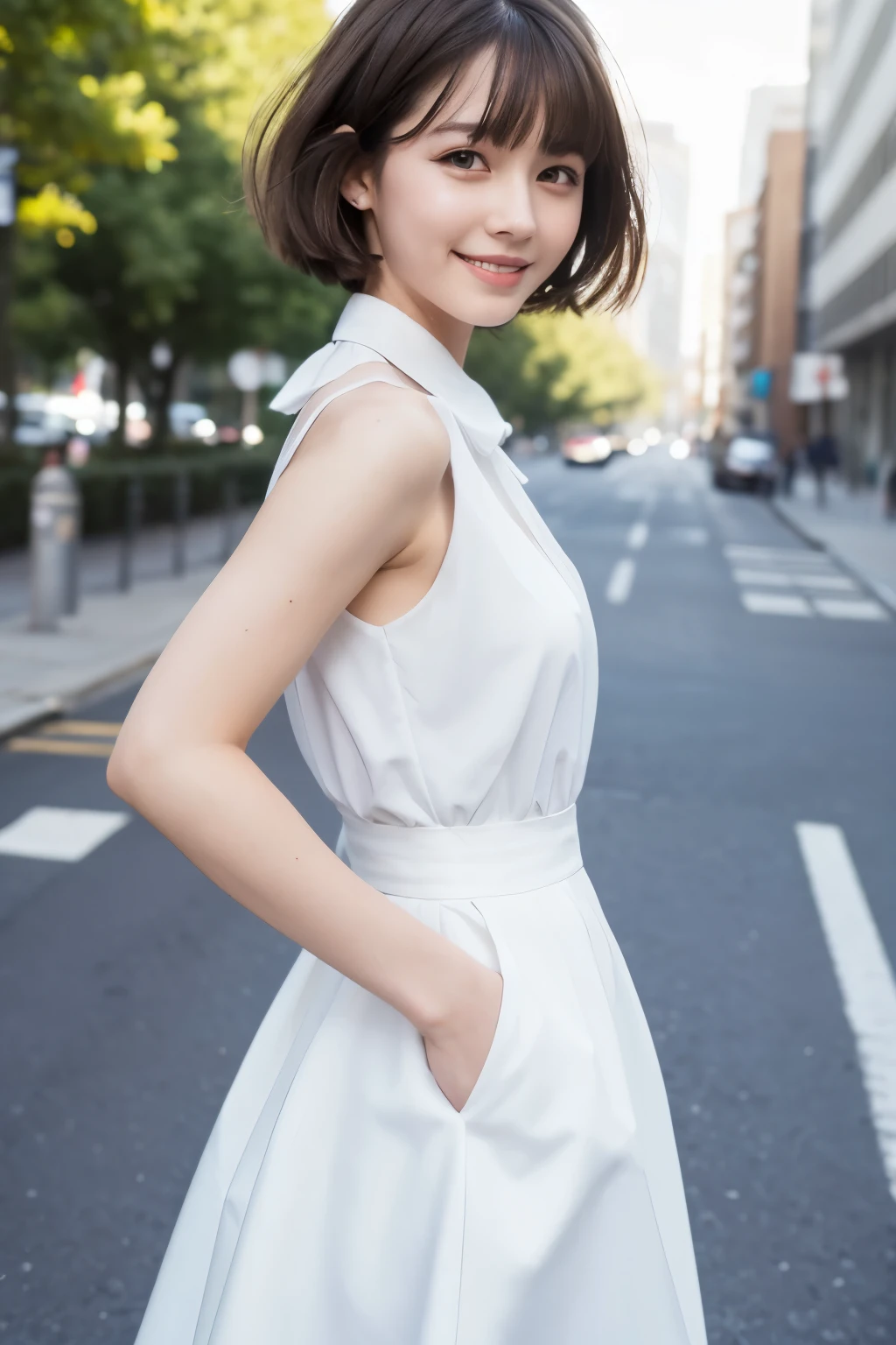 Fine details, High resolution, High quality, Perfect dynamic composition, Natural light, Beautiful woman, Beautiful eyes, Short hair, (bangs), Natural color lips, On the street, 20 years old, Cute smile, (Cute), Upper body, Clear skin, Shiny hair, (Fluttering in the wind), Masterpiece, Top quality, Fine details, High resolution, 8k (Cute), Correct human body, Correct hands and fingers, Simple white dress, (Collar, Long skirt), Neat woman, Random pose, Hair dancing in the wind, (Wind, Wind),  (Cute)