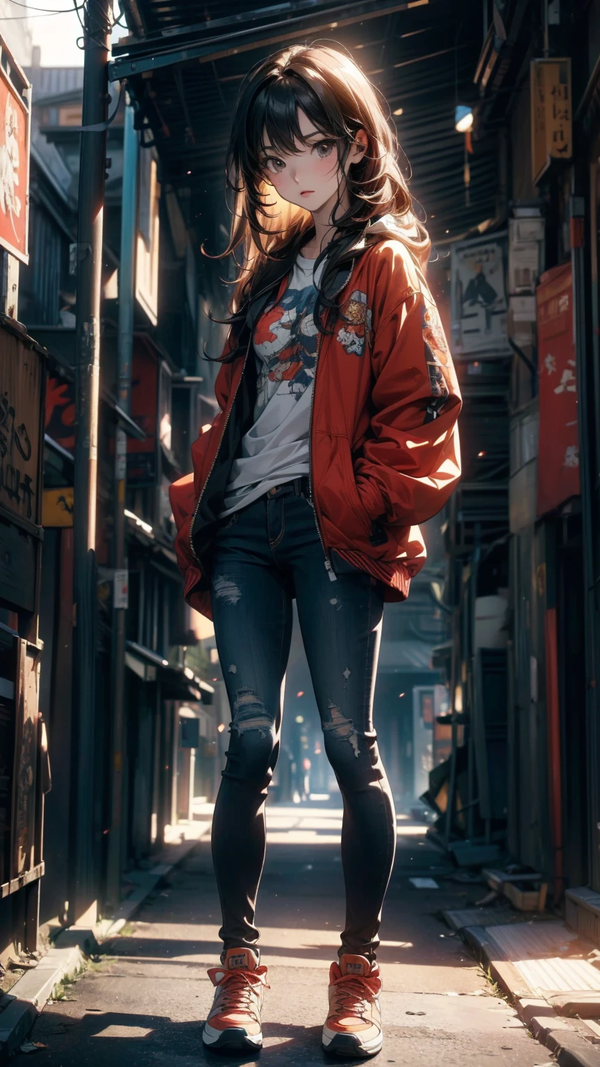 ((Highly detailed CG unit 8K wallpaper, masterpiece, High resolution, highest quality)), 20 year old woman with dark hair, Hands in pockets pose:1.5, Grunge Fashion:1.2, wear a blouson:1.2, Skinny jeans, Wearing sneakers, Blurred Background, A colorful, deserted alley, Cinema Lighting, (High angle, Fisheye Shot), Anime Style, Simple lines, Digital Painting,
