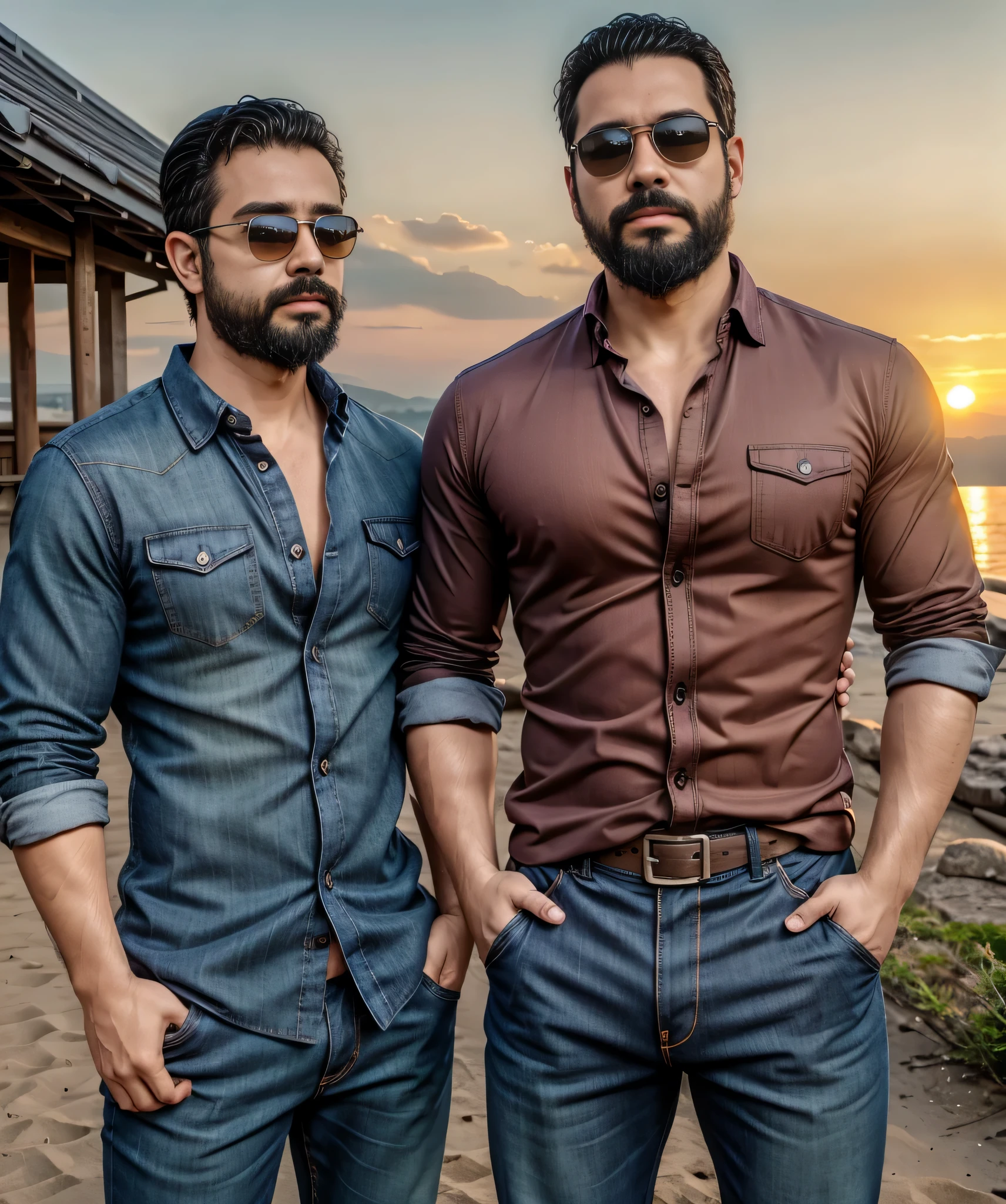 Obra maestra, desenfoque de campo, Parte superior del cuerpo, Hands in pants pockets , Two 18 year old men with beards and square sunglasses... Men dressed in a plaid shirt at an action movie in Japan with a sunset in the background.