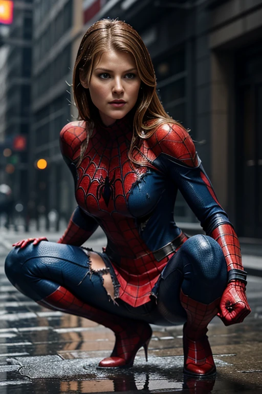 Ali Larter、Crouching、With both hands up、マーベル・コミック映画のPoster, Very beautiful, Movies about Spiderman, sexy, whole body, I'm wearing a skirt、Premiere date, Poster、belly buttonを突き出す、new york、She's wearing a torn Spider-Man suit,The suit is torn、Wearing a skirt、 Red and black color scheme,dynamic、masterpiece、highest quality、Ultra-detailed、Very detailed、A delicate and beautiful shine、超A high resolution、Cinematic,Break,Breakdrop,(Torn clothes:1.5), (Wet clothes:1.4), Bare shoulders,Real Rain,Wet Hair,belly button、Exposing Skin、sexyな肩を見せてる