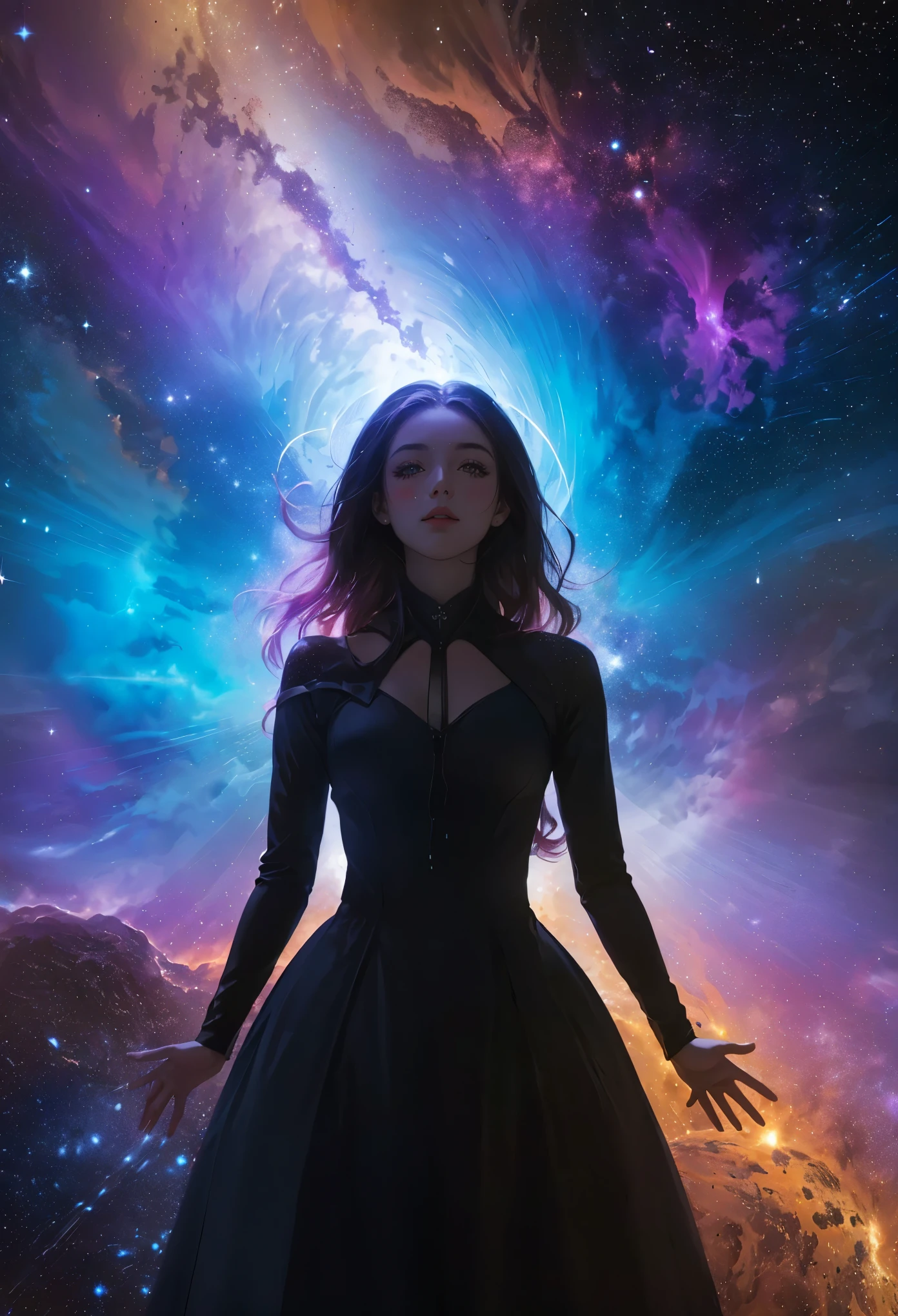 The witch who controls the stars in the universe,beautiful,Backlight,Surrealism,Godhead,Cyber Surge,galaxy,Black hole background,Axisymmetric composition,Cosmic hues,Nebula light passing through cosmic dust,scattering,refraction,diffuse reflection,Tyndall effect,Brownian motion,Dark Environment