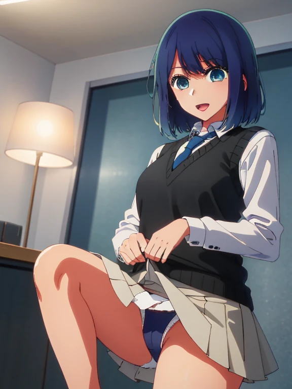 Beautiful lighting, One Girl, solo, Akane, White shirt, Sweater vest, Black vest, Blue tie, ((Anime Style))、((2D))、Laughter、Open your mouth、Look forward,((Cotton panties with crotch)),(((Skirt flip, I can see your pants))),squat,From below,