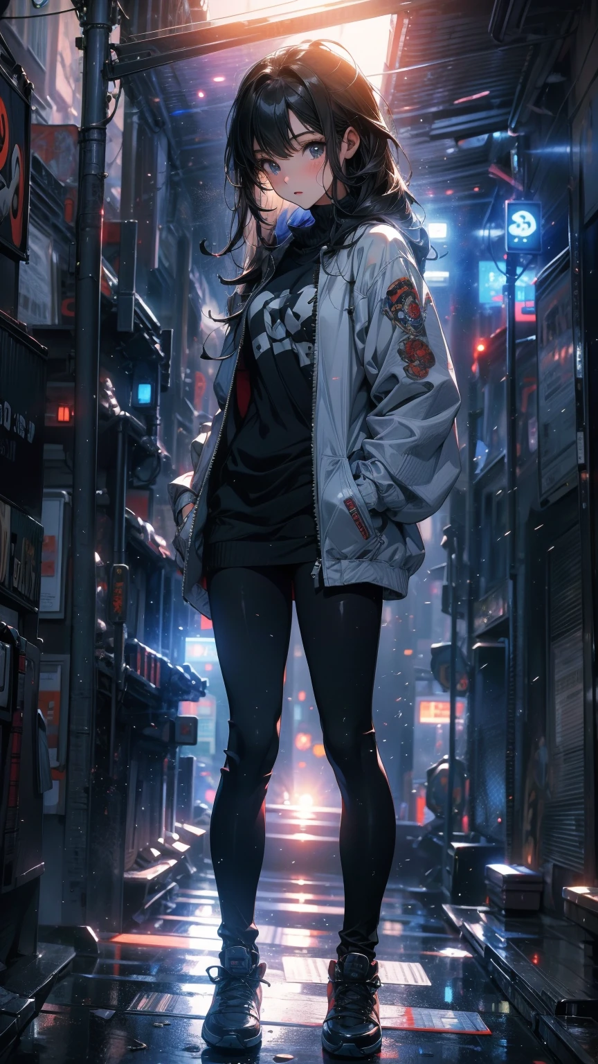 ((Highly detailed CG unit 8K wallpaper, masterpiece, High resolution, highest quality)), 20 year old woman with dark hair, Hands in pockets pose:1.5, Grunge Fashion:1.2, wear a blouson:1.2, Skinny jeans, Wearing sneakers, Blurred Background, A colorful, deserted alley, Cinema Lighting, (High angle, Fisheye Shot), Anime Style, Simple lines, Digital Painting,