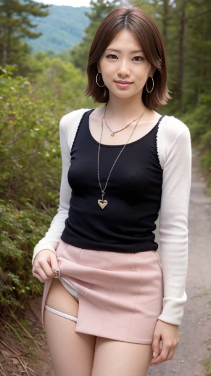 ((High-definition images, masterpiece, atmospheric perspective, 8K, Super detailed, Accurate, highest quality, single shot)), (casual style), Jacket, unbuttoned shirt, swollen areole, (round face, realistic eye size, droopy eyes, blush, smile), (((legs to head ))), (in the forest, Mountain, rock, Narrow River, At night), blonde hair, small earrings, thin necklace, (light makeup), mini skirt