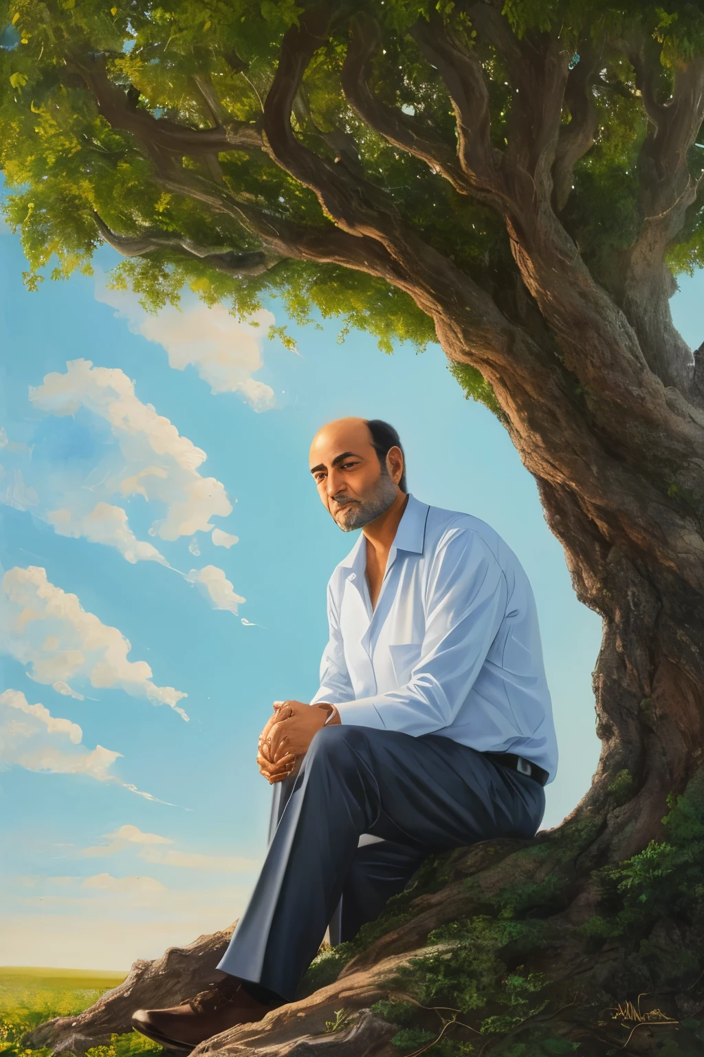 Concept art of a captivating spot painting, featuring Dr. Ali Shariati in a close-up portrait. The renowned intellectual is depicted leaning against the gnarled trunk of a date tree, his gaze fixed on the distant horizon in a state of awe and wonder. The intricate details of Dr. Shariati's features are meticulously rendered, showcasing the wrinkles around his eyes and the furrows on his brow, adding depth and character to the painting. The tree behind him is etched with the ethereal twists and twirls of old age, its leaves a vibrant green against the backdrop of the cloud-specked, azure sky. The overall