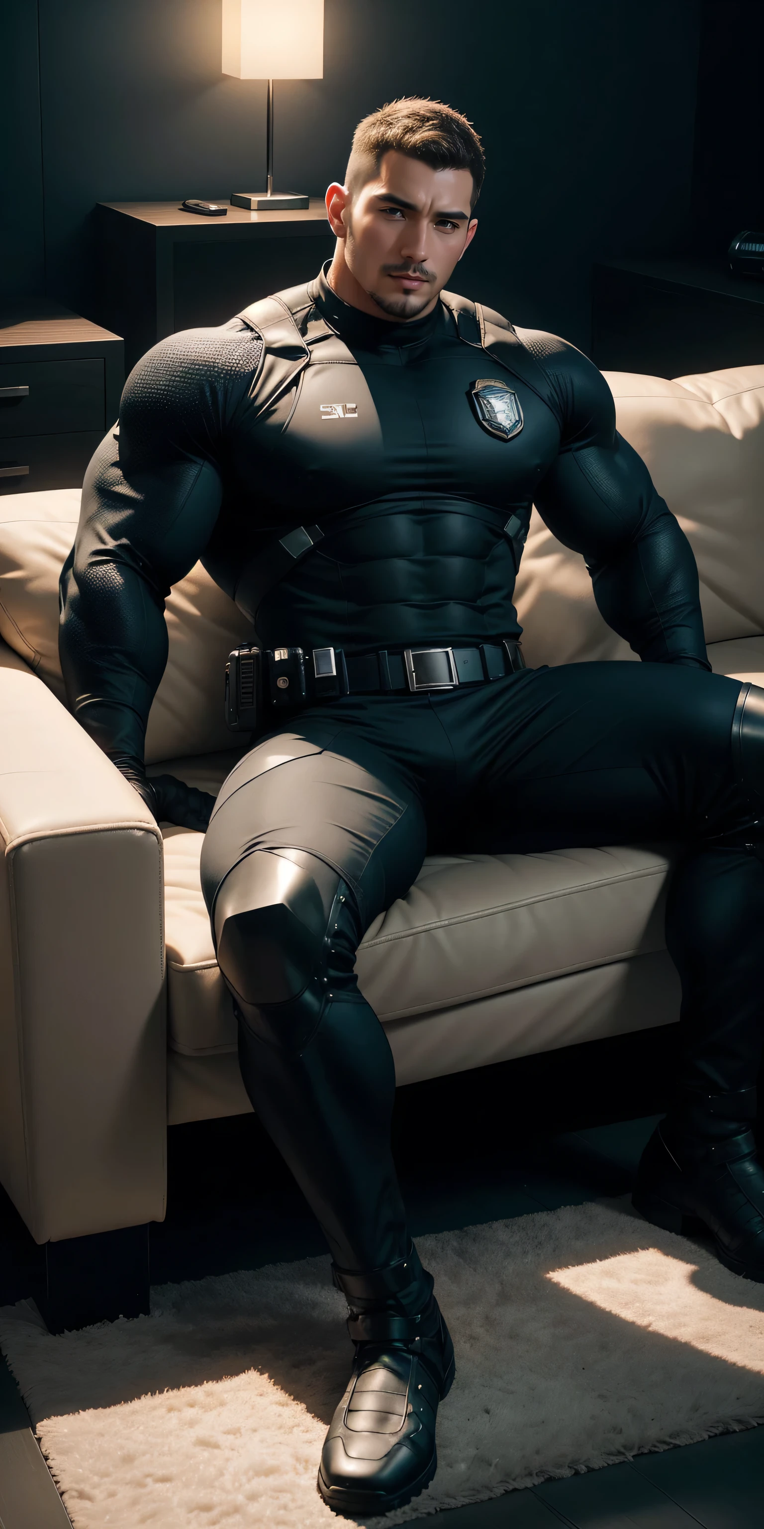 2 meters tall muscular police officer, Coffee honeycomb nano-mech, Honeycomb pattern, Lightweight texture, character concept(Resident Evil - Chris Redfield, Chris Redfield)senior police officer, He lay on his back on the comfortable and soft sofa chair, Regular symmetrical texture pattern, A sad expression, Deep and charming eyes, Golden Eye Super Hero, Heroic male pose, tall Burly, muscular!Attractive leg muscles, High, Burly, Heqiang, Super Buff and Coolness, High Resolution Committee, Deep ultra-thin nanomechanical boots for big feet, Charismatic strongman, The bright sunshine shines on you, Matte particles, Shiny texture