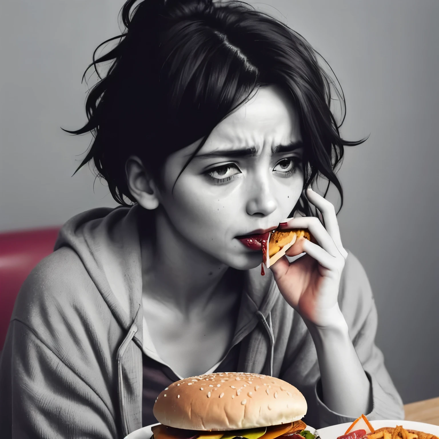 create a dramatic image of a depressed woman, in poor health, eating a hamburger