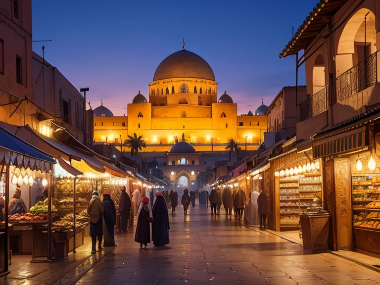 4k resolution picture, ultra realistic picture, Marrakech city, a huge mosque with dome on top, night time, entire market area in top views, shops everywhere, Moroccan architectures, top views