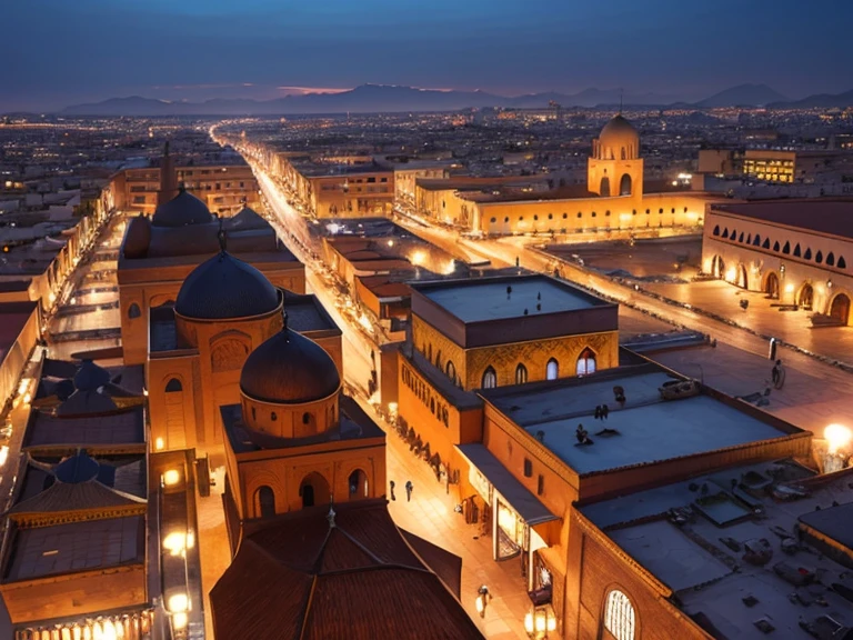 4k resolution picture, ultra realistic picture, Marrakech city, a huge mosque with dome on top, night time, entire market area in top views, shops everywhere, Moroccan architectures, top views