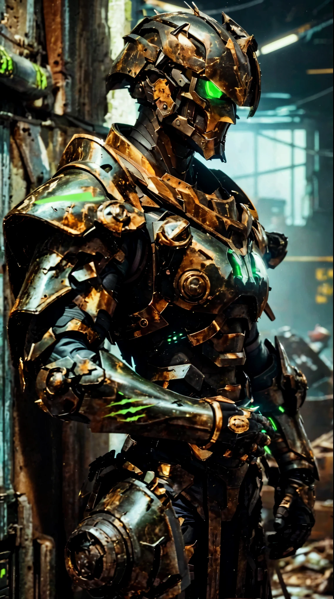 black armor with green claw marks,(best quality,4k,8k,highres,masterpiece:1.2),ultra-detailed, detailed background, depth of field