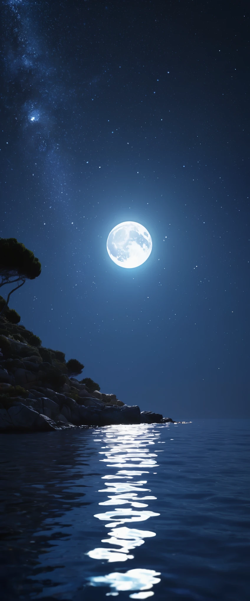 night，Deep blue waters wash the coastline，Starry Sky，The moonlight leaves dots of starlight on the sea，Côte d'Azur，dark blue tint，reflection，真实光线reflection，True ray tracing，OC Renderer，Octane renderer

