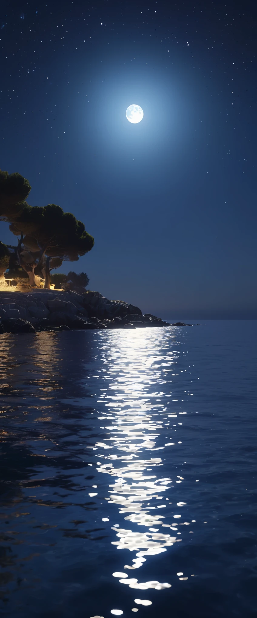 night,Deep blue waters wash the coastline,Starry Sky,The moonlight leaves dots of starlight on the sea,Côte d'Azur,dark blue tint,reflection,真实光线reflection,True ray tracing,OC Renderer,Octane renderer