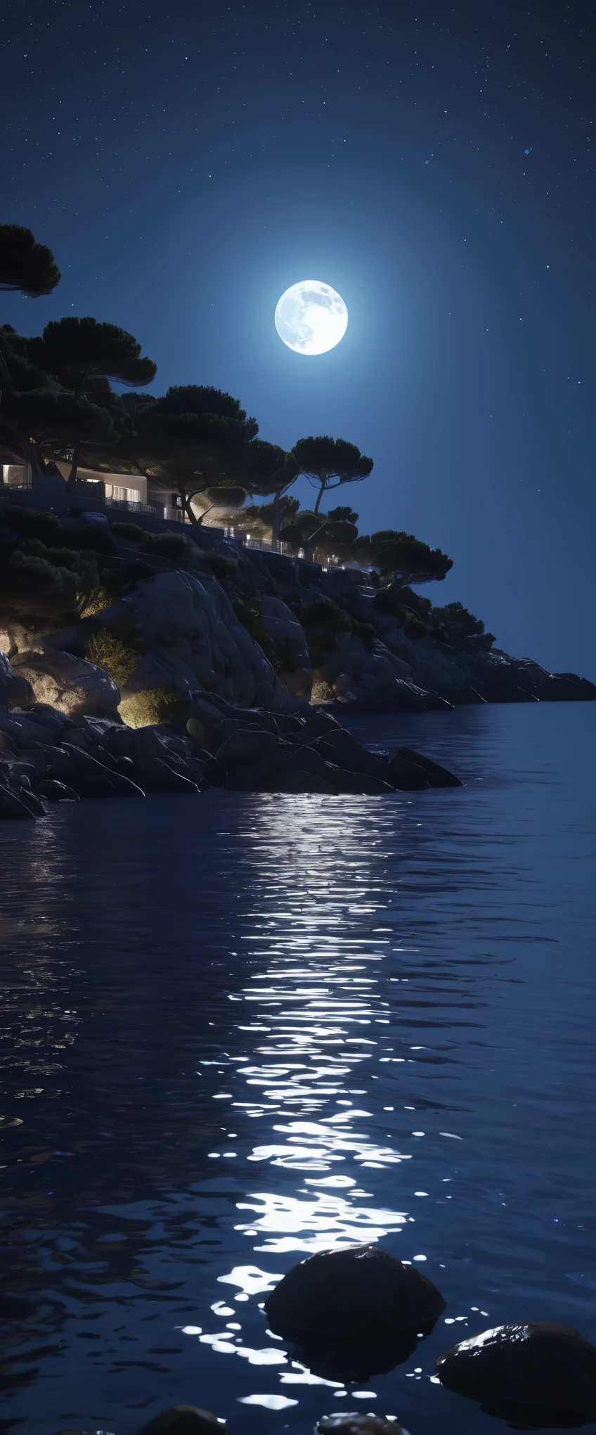 night,Deep blue waters wash the coastline,Starry Sky,The moonlight leaves dots of starlight on the sea,Côte d'Azur,dark blue tint,reflection,真实光线reflection,True ray tracing,OC Renderer,Octane renderer