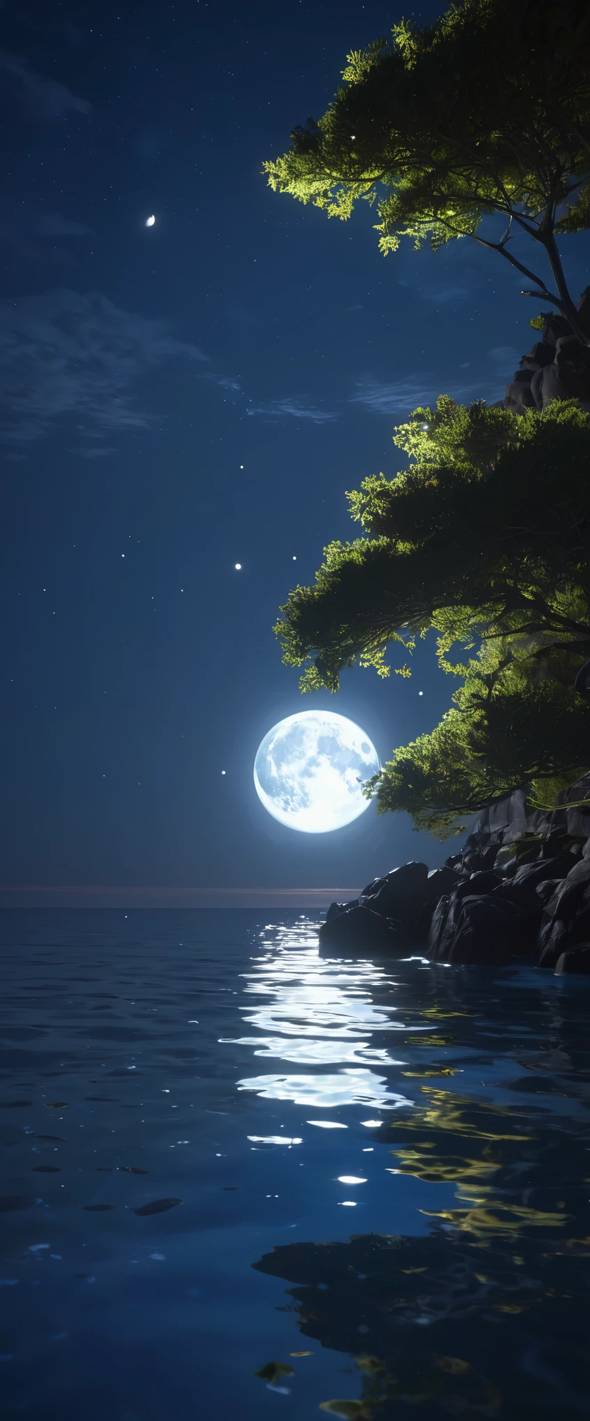 night，Deep blue waters wash the coast，The moonlight leaves dots of starlight on the sea，reflection，真实光线reflection，True ray tracing，OC Renderer，Octane renderer