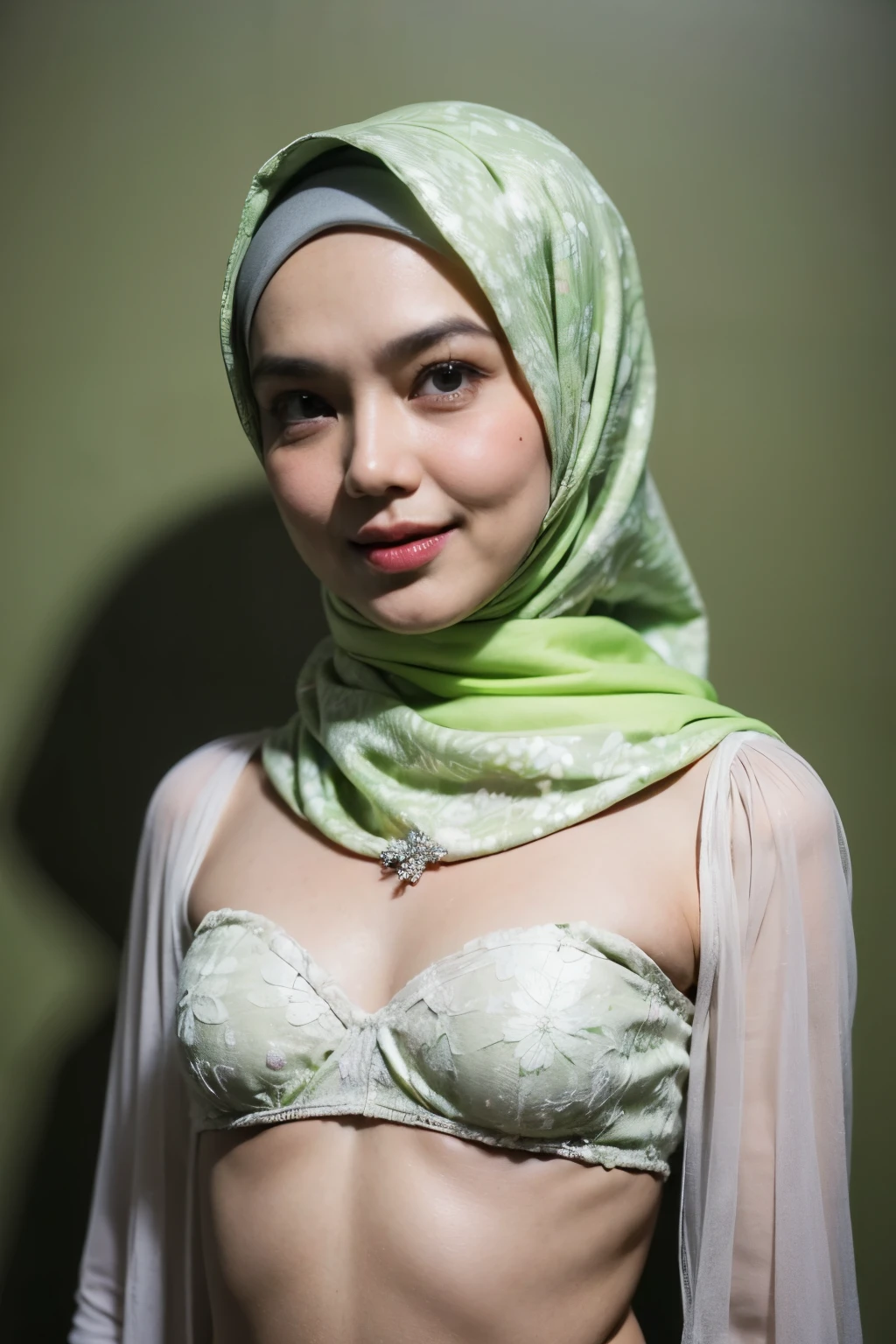 ((FLAT CHEST:1.8)), (Happy smile), (((HIJAB MALAY GIRL))), masutepiece, High quality, UHD 32K, Realistic face, Realistic skin feeling , A Japanese Lady, 58 years old matured lady, , Very cute and baby-like face, (((FLAT CHEST))), (Night time at forest), ((look In front at the camera and SADNESS)), (((WHITE FLUORESCENT))), (((CUTE GIRL))), ((LIGHT GREEN FLUORESCENT LIPS)), ((Floral Pattern)) little wearing strapless bra, strapless colorful bra, dark night background , black forest night, horror scary place, (from behind up) seductive pose