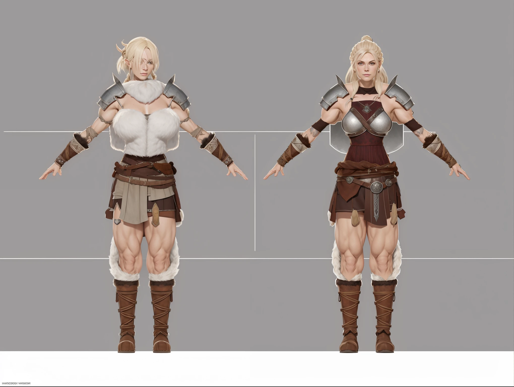 ( Realistic:1.33),(masterpiece:1.1),(highest quality:1.1),(HDR:1) a close up of a Viking woman warrior wearing armor and fur coat , full body concept, detailed full body concept, Young Viking female with a long braid, Viking style, age Viking protective maiden, Portrait of a Viking, Viking warrior, Viking culture, Nordic warrior, Viking costume, Ancient Viking warrior, Elven blond warrior, Epic Viking Queen , wearing Viking clothing, Female Viking, with Machado, Nordic inspiration, Viking and Templar aesthetics, full body character concept,costume concept design, full body details, detailed full body concept art, full character body, character model sheet turnaround, fullbody shot turnaround, concept character sheet, full body concept art, reference model sheet , full body concept art, RPG style character, game character design, 3d character reference sheet, video game character concept, detailed character design, character sheet, character model sheet turnaround , front and back, front and back, grey clean background, 3D character, leather belt with leather knife bag, red loincloths, leather armband, leather boots with fur, leather bikini with black fur coat, red hem with fur. [ show skin breast mound ], [ show abdomen ] no cloth at abdomen. breast skin, human skin, human skin, human breast skin, human skin.(viking warrior), ((barbarian)), (((huge muscles)),(((wide breast)),(((wide shoulder)), 