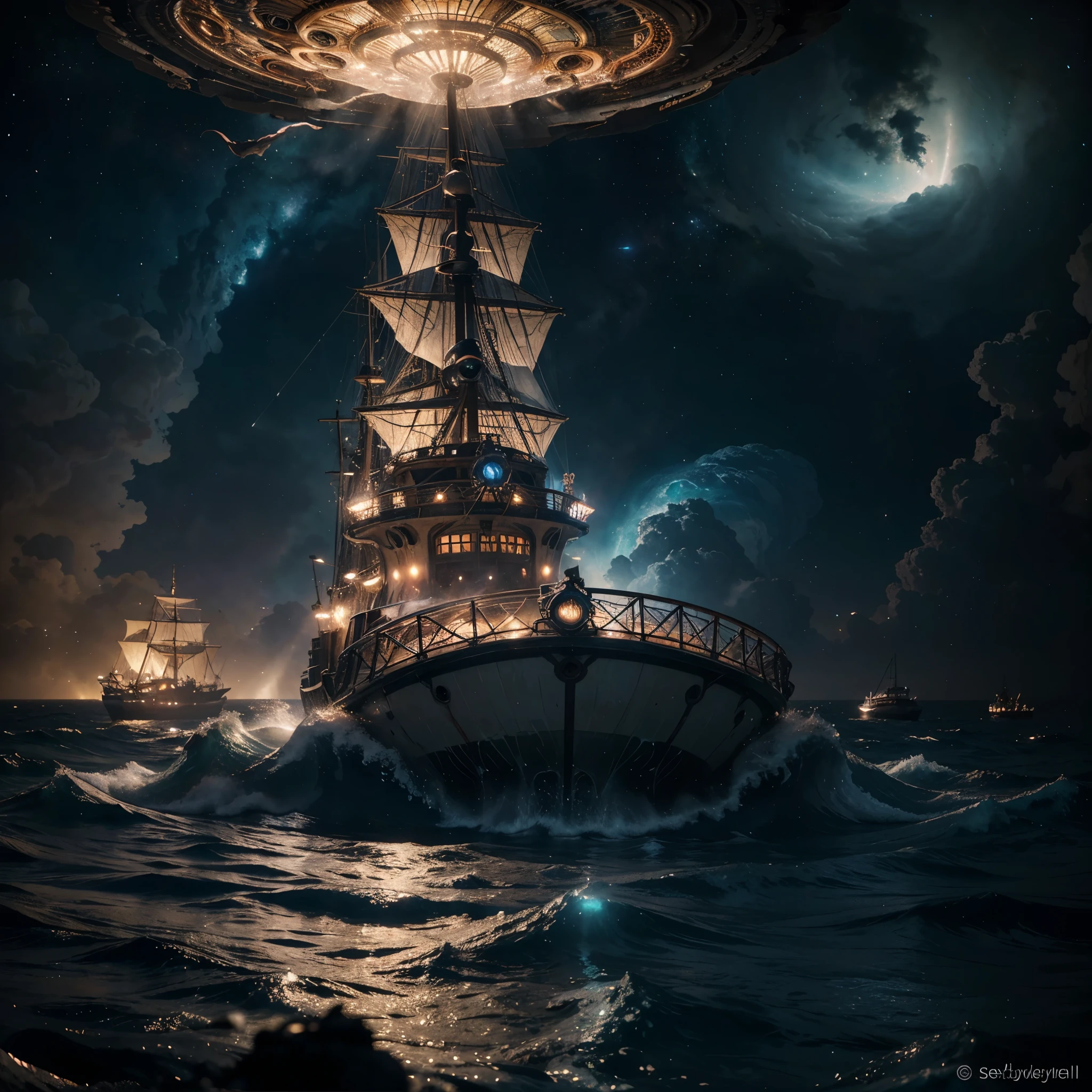 irate ship trapped in a cosmic maelstrom nebula, rendered in cosmic beach whirlpool engine, volumetric lighting, spectacular, ambient lights, light pollution, cinematic atmosphere, art nouveau style, illustration art artwork by SenseiJaye, intricate detail.
