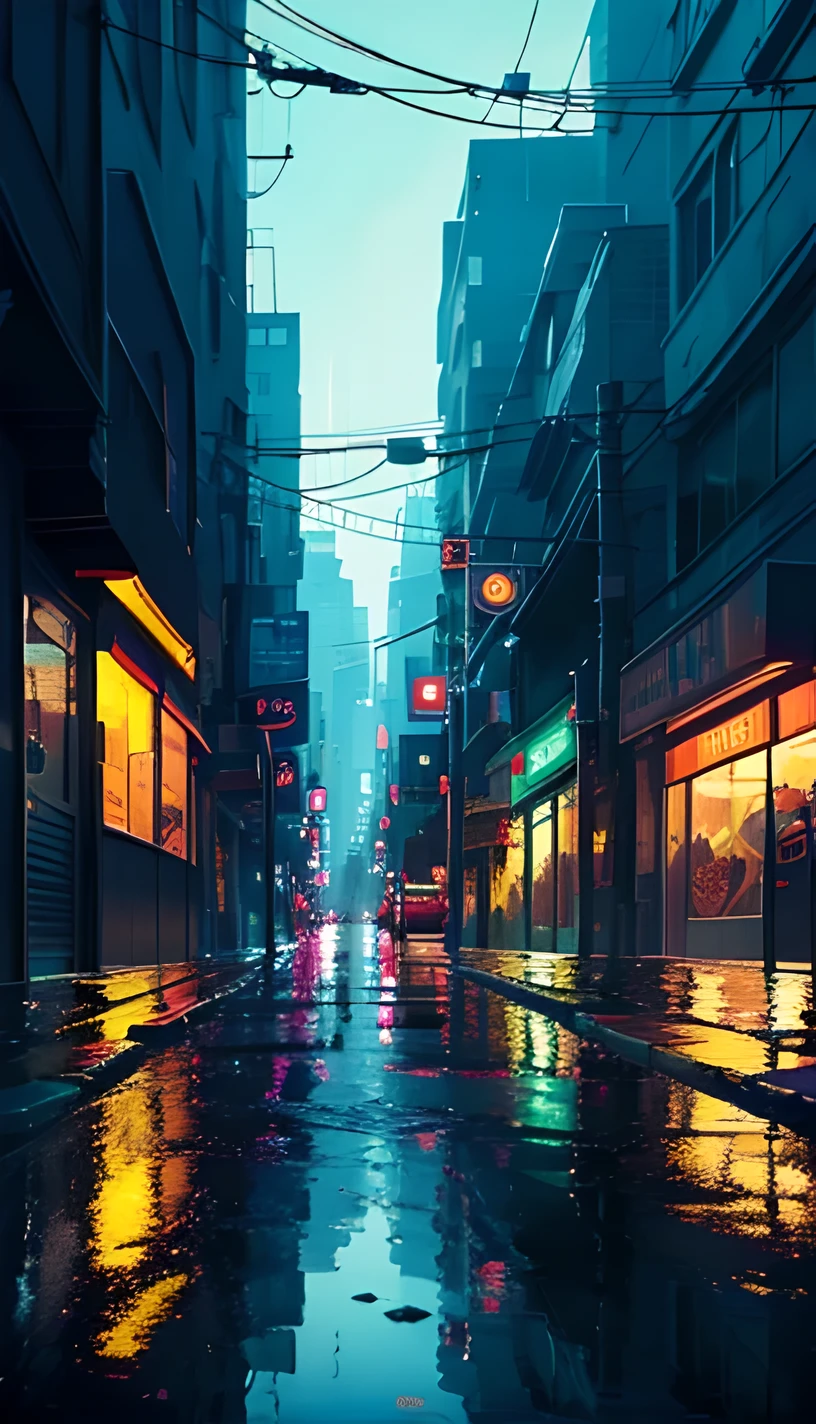 A painting of a city street with reflections of buildings, City Reflections, kilian eng bright colors, Neon reflections in the puddles, kilian eng bright colors, surreal reflection, Reflection on wet street, Layers of colorful reflections, City Reflection, Colorful city, Gloss reflection, author:Dan Christensen, Neon reflections, wet reflections