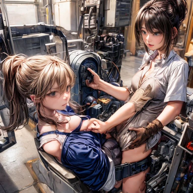 woman, (((Round face, Put your hair up))), Factory Clerk, Wear work clothes, Long skirt, Straddle the machine to slam your crotch into the corner, Leg spread, Lift your legs, Ecstasy face, in the factory, mechanical, Sealing, Nameplate, ID card、Camel Toe、Giant tit、Nipple Puffs、Cleavage、Plump、Super big breasts、Super big butt,cute、automatic conditioner