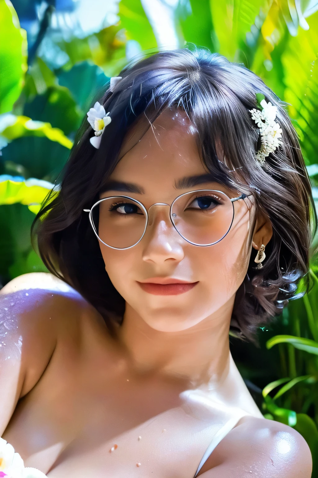 (best quality,4k,8k,highres,masterpiece:1.2),ultra-detailed,(realistic,photorealistic,photo-realistic:1.37),portrait,portrait painting,Freya Jayawardana,hazel eyes,dazzling smile,short curly hair,cute glasses daydreaming,white bikini,wet body,relaxing on a luxuriously fluffy bed,glimmering sunlight,soft shadows,refreshing atmosphere,hint of summer breeze,serene expression,sun-kissed skin,saturated colors,tropical vibes,colorful flowers surrounding,crystal clear water droplets,sparkling wet hair flowing,subtle reflections on the wet skin,alluring confidence,painting like a masterpiece,translucent background,ethereal beauty,artistic brushstrokes,seamless blending of colors,subtle textures enhancing realism,vibrant artistry,playful innocence,romantic ambiance,sublime beauty,graceful posture,eye-catching details,dreamlike aura,with a touch of magic,immersive atmosphere,sweet dream come to life,captivating gaze,striking contrast between light and shadow,sensual allure,impeccable attention to detail,mesmerizing artwork depicting Freya in her element, white bikini.