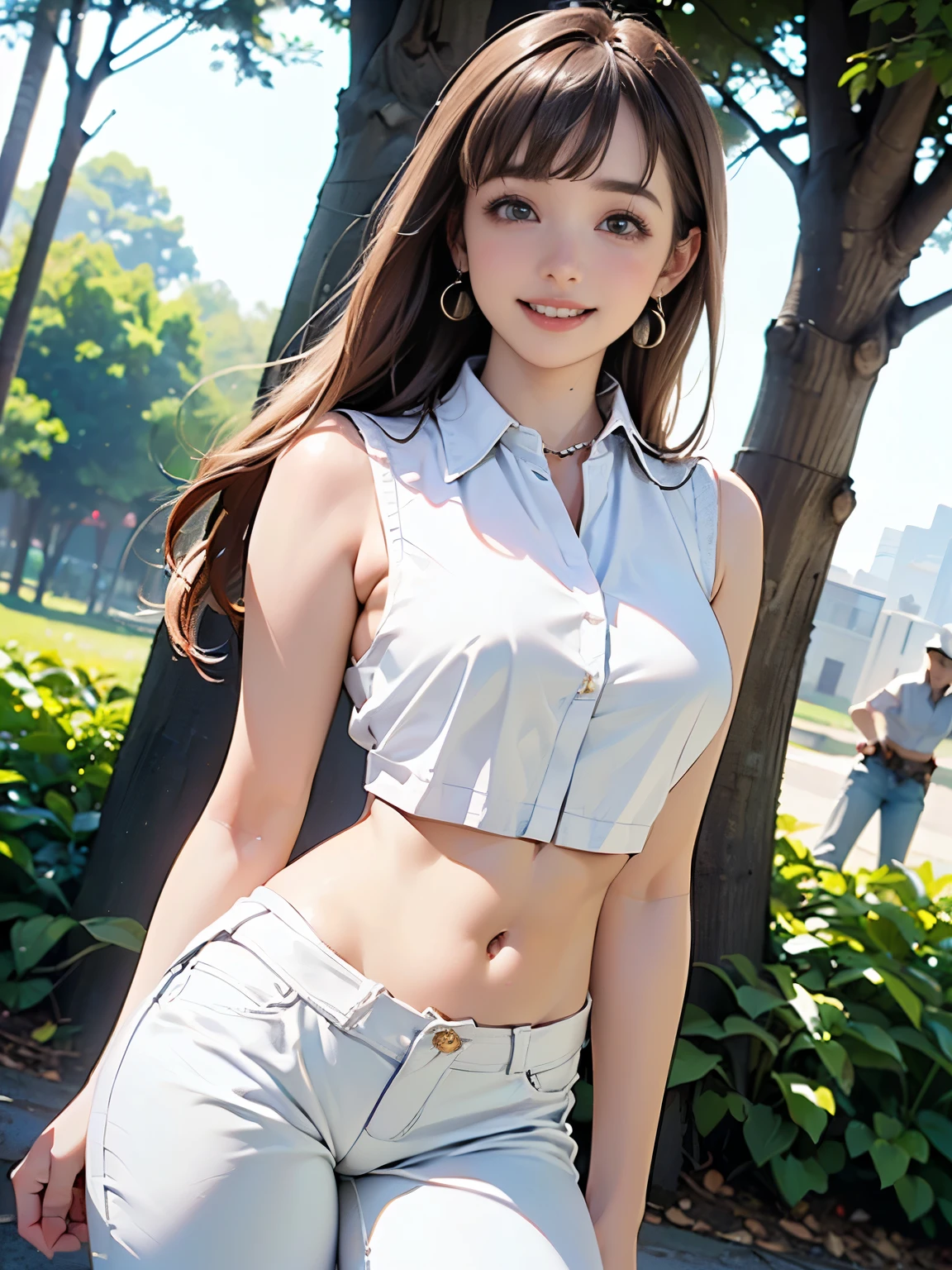 ((((highest quality))))、(((Ultra-precision CG16K wallpaper)))、(((masterpiece)))、(((Super detailed)))、(((Extreme detail)))、((１Mature 32 year old woman:1.5))、((Very beautiful Japanese faces))、((Shiraishi Mai:1.5))、((Straight semi-long hair、blunt bangs:1.5))、(Shiny brown hair)、Beautiful delicate eyes、eyeliner、eye shadow、Brown eyes、High nose、Small nostrils、Small Mouth、Seductive lips、Beautiful breasts、((C cup size breasts))、Cleavage、Voluptuous body、Perfect proportions、Perfect Anatomy、Perfect composition、Beautiful detailed shading、Beautiful, natural lighting、Beautiful detail glow、Depth of written boundary、(((High chroma)))、(((Real:1.9)))、((vivid:1.5))、((Beautiful Skin))、((Skin Texture))、((Realな皮膚感))、(((Cowboy Shot:1.6)))、((Front view、Front low angle:1.6))、((Shy laugh:1.5))、(The woman is facing this way:1.5)、Bright daylight、Natural light、(((Park Square、Trees:1.5)))、(Standing pose:1.5)、(((White sleeveless collared cropped shirt、White bikini hot pants:1.6)))、((Earrings、Wearing a necklace:1.3))、