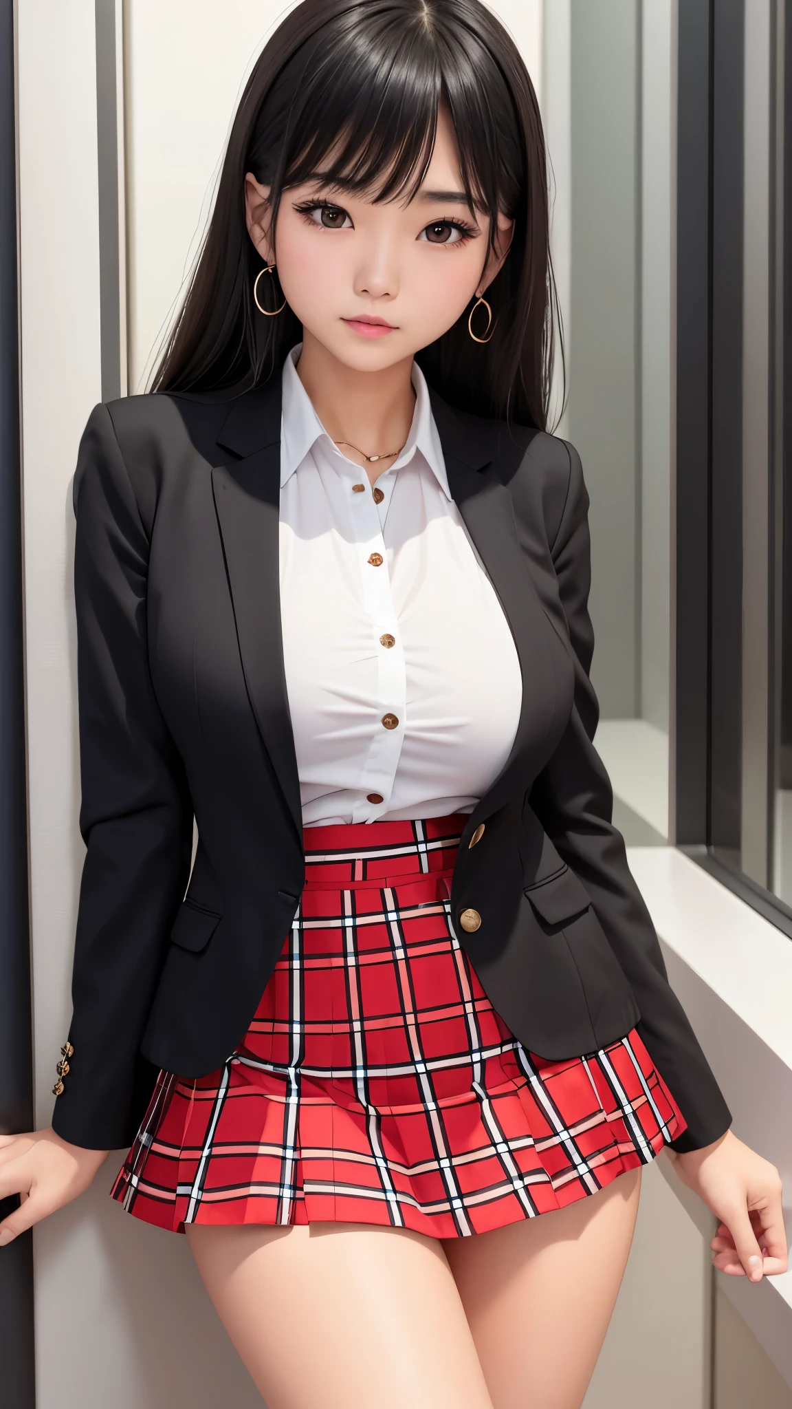Detailed face、highlight、thigh、Asian、girl、breast enhancement、bangs、black髪、blazer、Checked skirt、black、red、white、