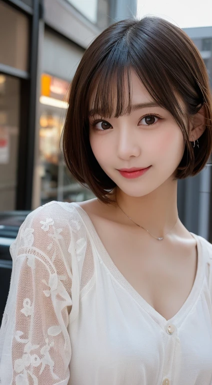 Tabletop, highest quality, figure, Very detailed, In detail, High resolution, 8k wallpaper, Perfect dynamic composition, Beautiful fine details, Women's fashion,Very short hair,small breast natural color lip, Bold sexy pose,smile,Harajuku、20-year-old girl、cute、sexy shot looking at camera