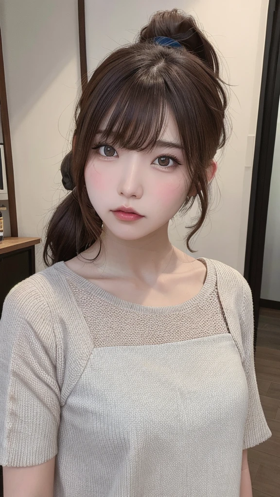 brown hair, hair over shoulder, ponytail, cheek bulge, pout, Surrealism, Hyperrealism, Verism, UHD, masterpiece, ccurate, anatomically correct, textured skin, super detail, high details, high quality, highres, 1080P, HD, 8k