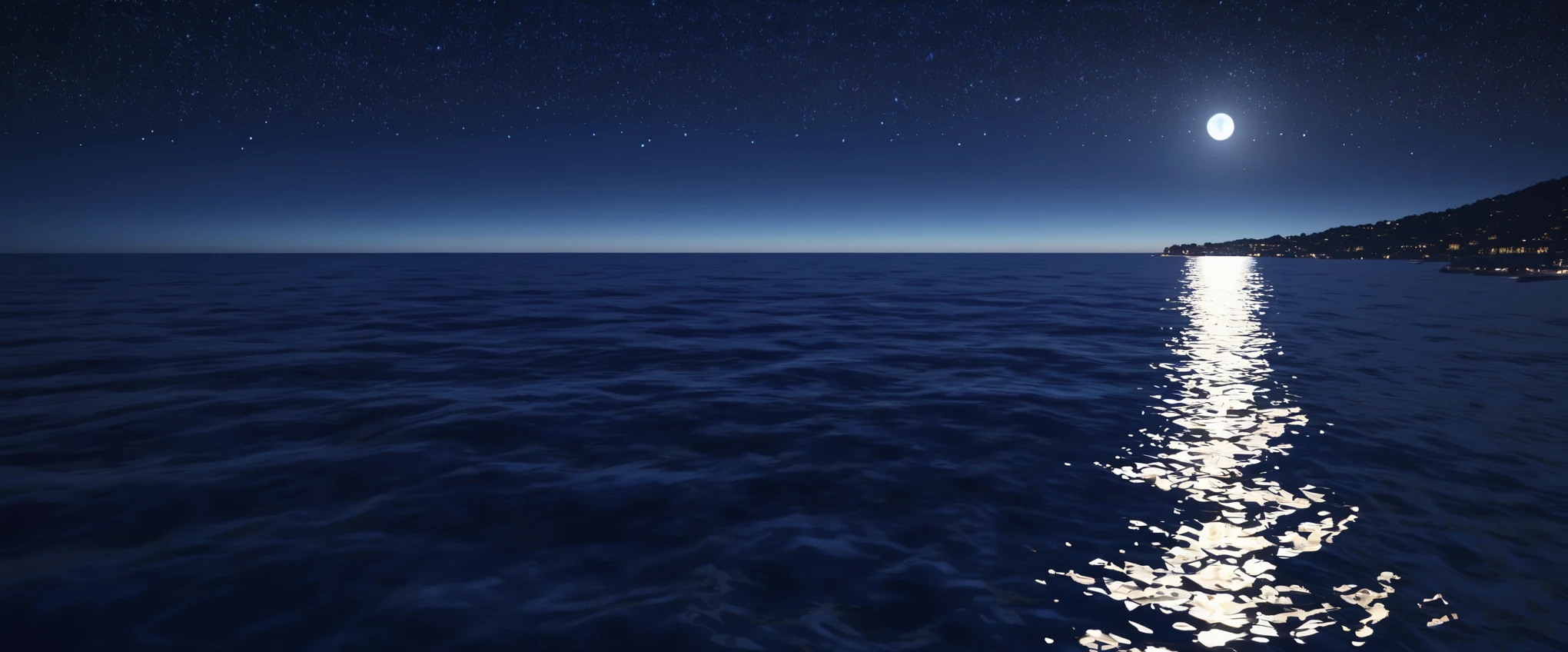 night，Deep blue waters wash the coastline，Starry Sky，The moonlight leaves dots of starlight on the sea，Côte d'Azur，dark blue tint，reflection，真实光线reflection，True ray tracing，OC Renderer，Octane renderer