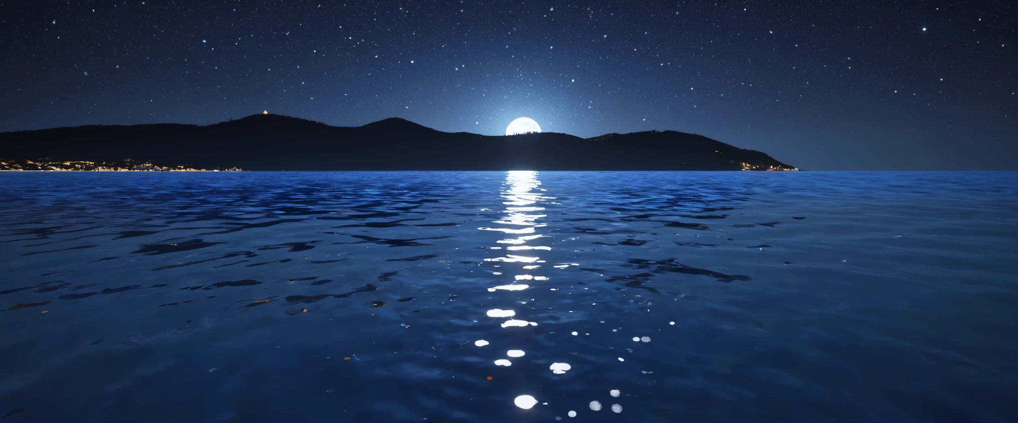 night,Deep blue waters wash the coastline,Starry Sky,The moonlight leaves dots of starlight on the sea,Côte d'Azur,dark blue tint,reflection,真实光线reflection,True ray tracing,OC Renderer,Octane renderer