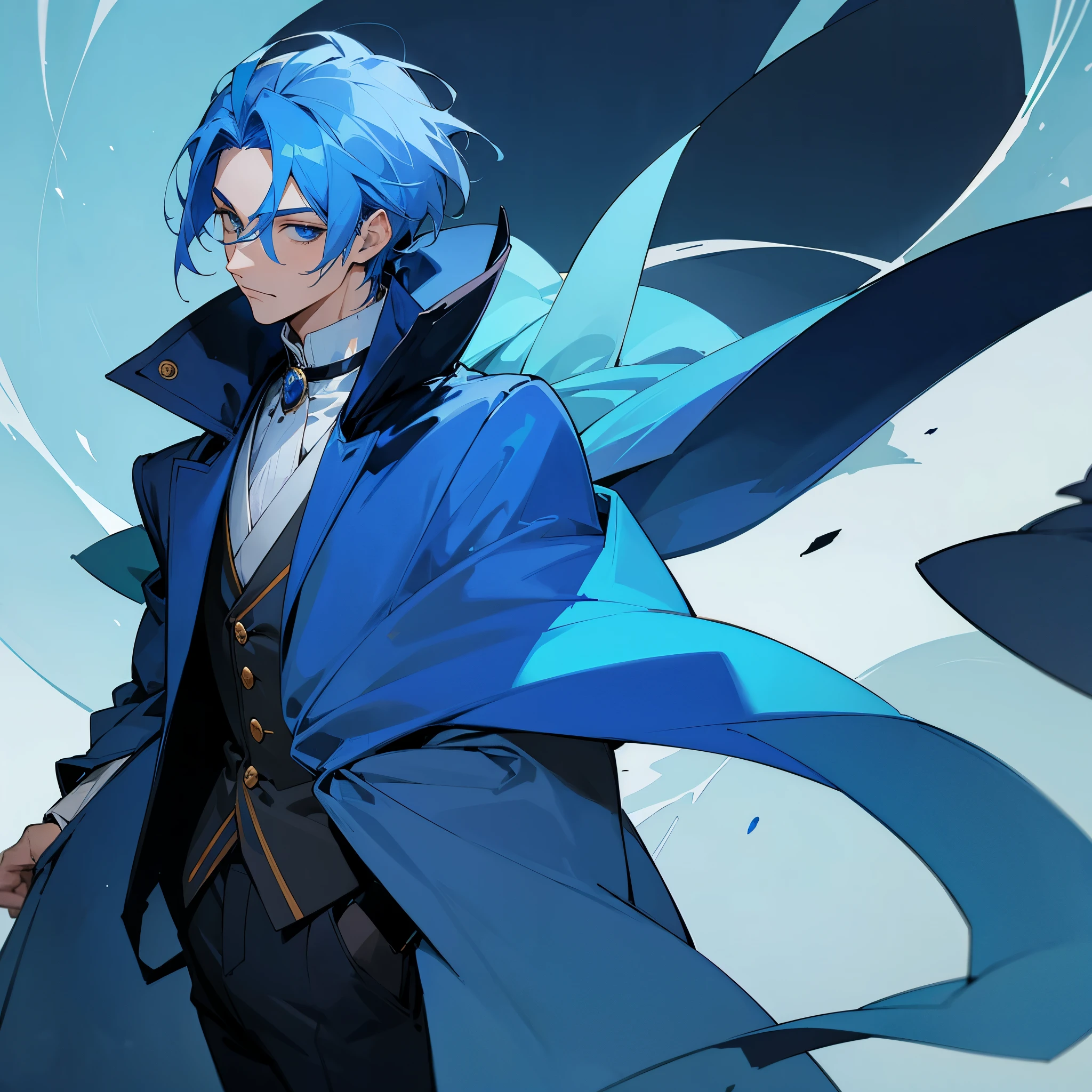 A man in his 30s with blue hair and wearing a blue nobleman's coat standing  in an anime artstyle