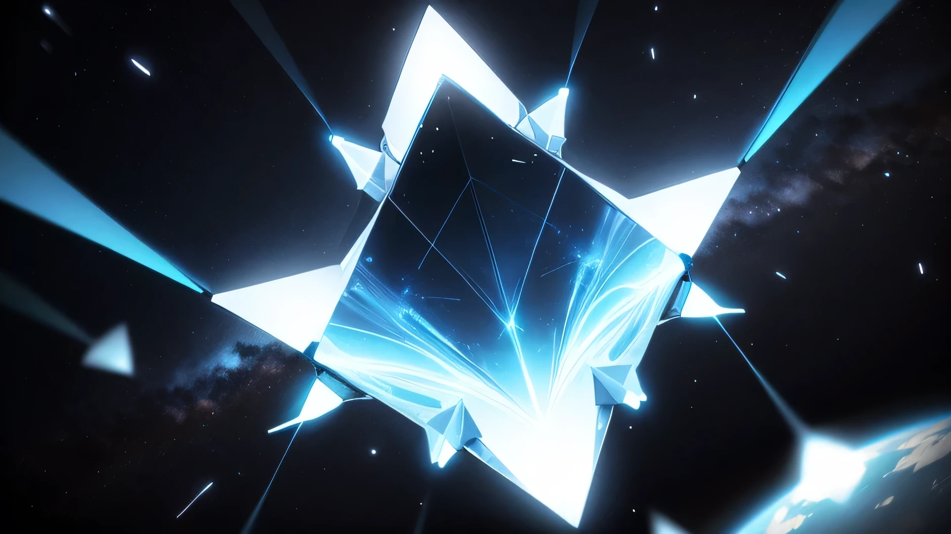 Developing triangles floating in space, glowing blue-white